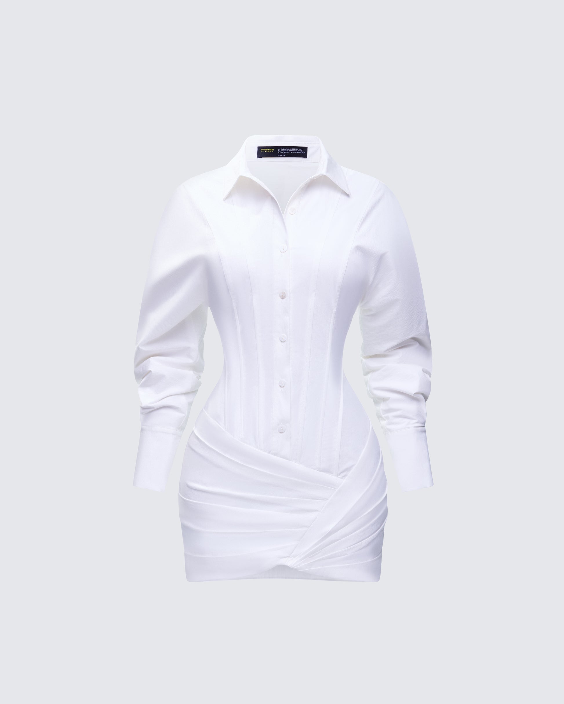 White Shirt Dress - Cinched Waist Mini with Corset Detail FINESSE White Shirt Dress - Cinched Waist Mini with Corset Detail FINESSE
