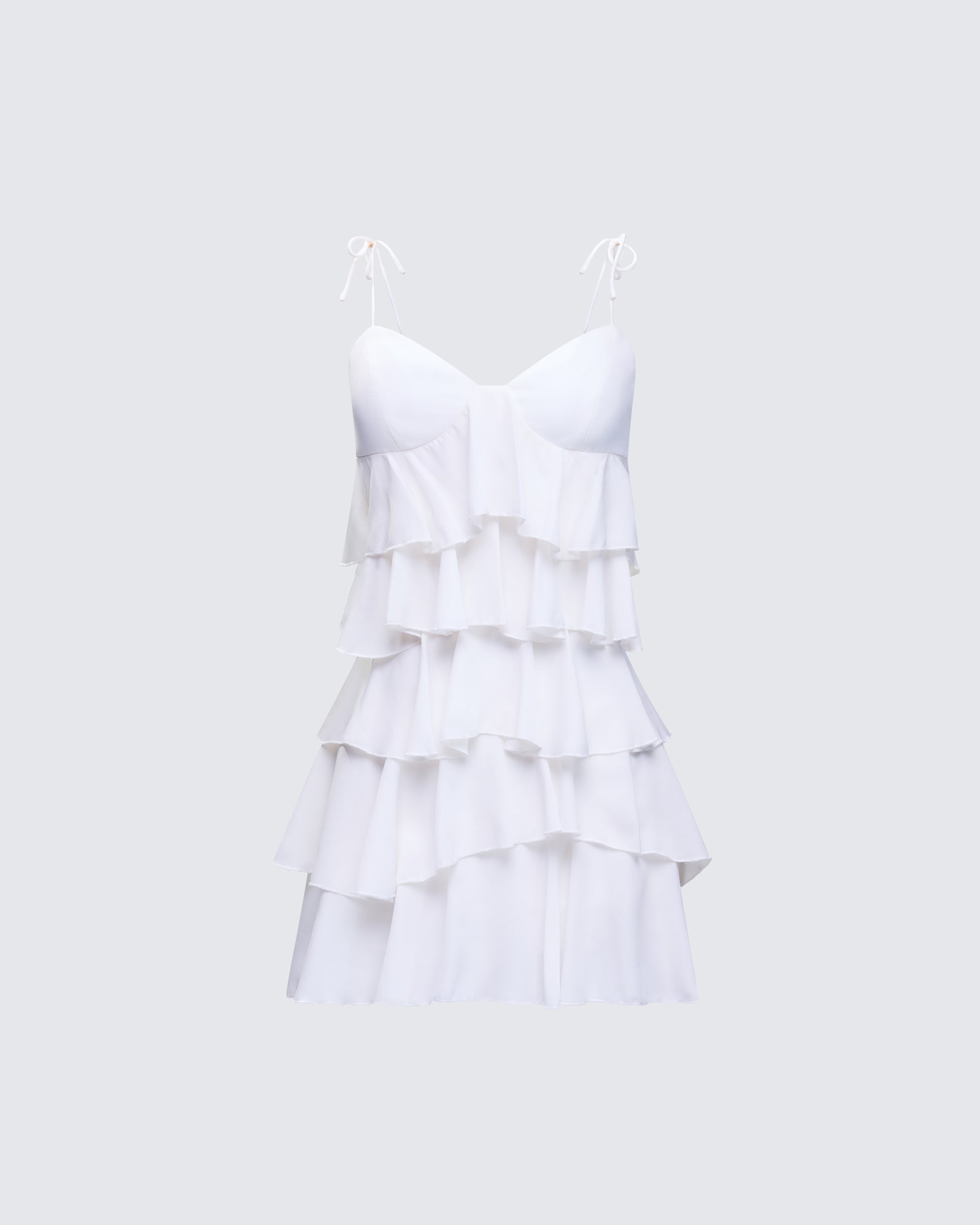 White Tiered Ruffle Mini Dress - Tie Shoulder Party FINESSE White Tiered Ruffle Mini Dress - Tie Shoulder Party FINESSE