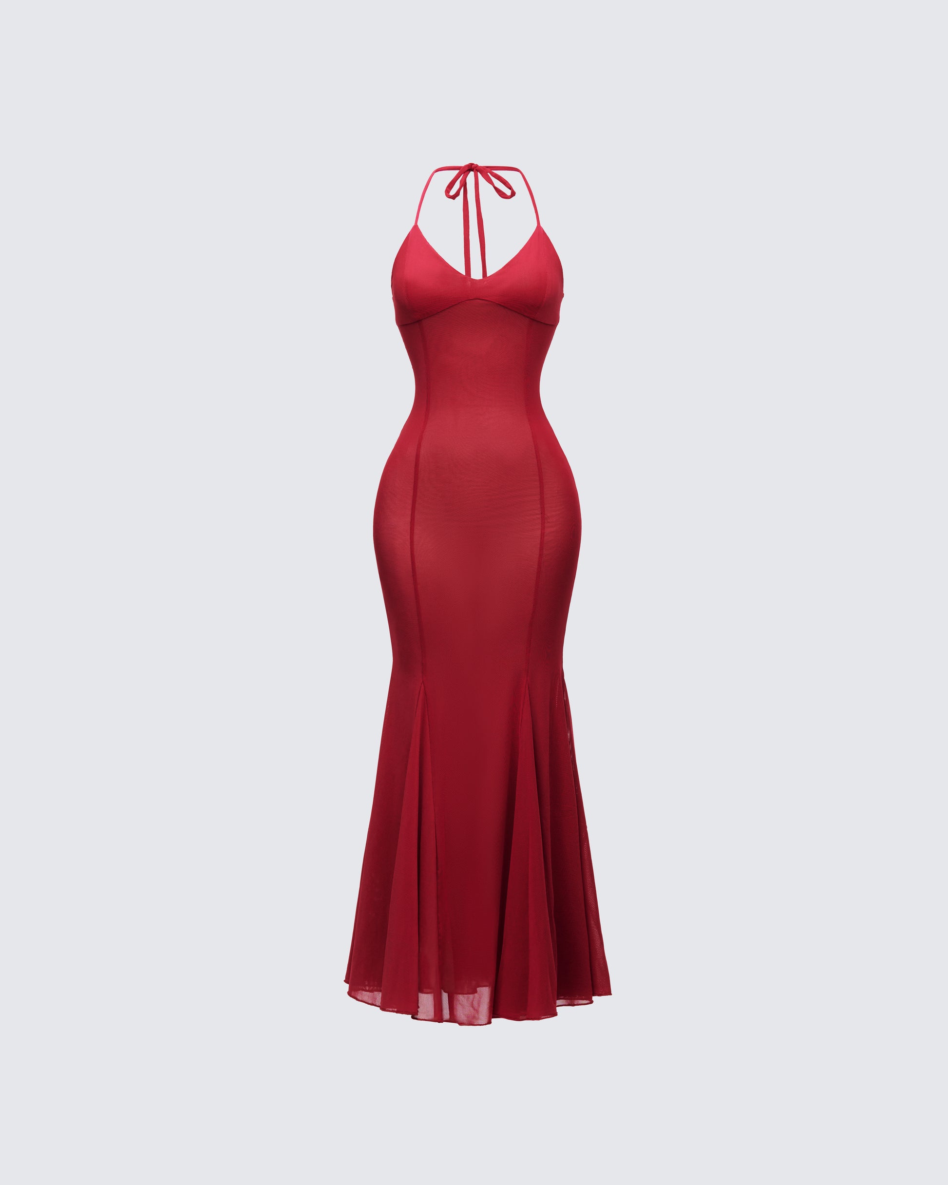 Red Halter Maxi Dress - Sheer Mesh Mermaid Gown FINESSE Red Halter Maxi Dress - Sheer Mesh Mermaid Gown FINESSE