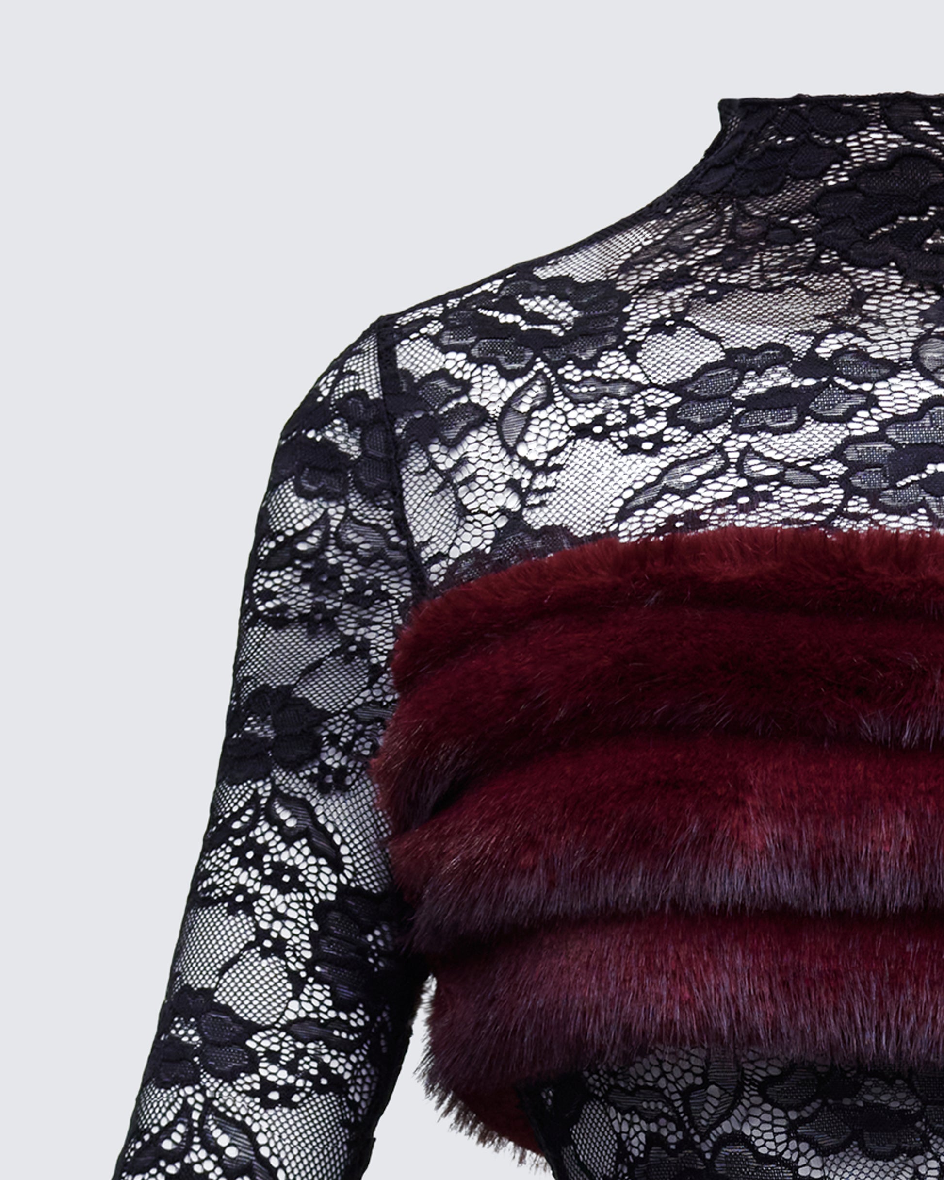 Black Lace Mini Dress with Red Faux Fur Trim FINESSE Black Lace Mini Dress with Red Faux Fur Trim FINESSE