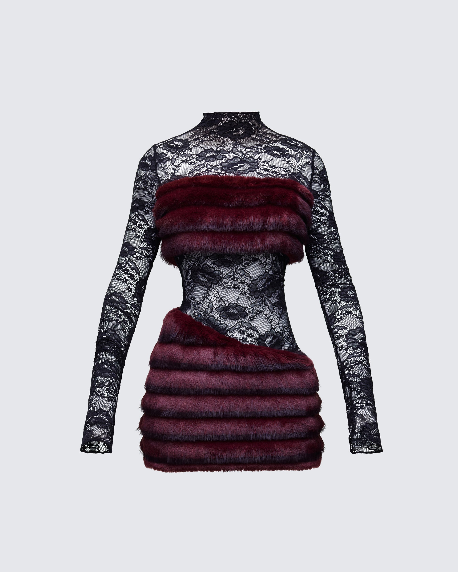 Black Lace Mini Dress with Red Faux Fur Trim FINESSE Black Lace Mini Dress with Red Faux Fur Trim FINESSE