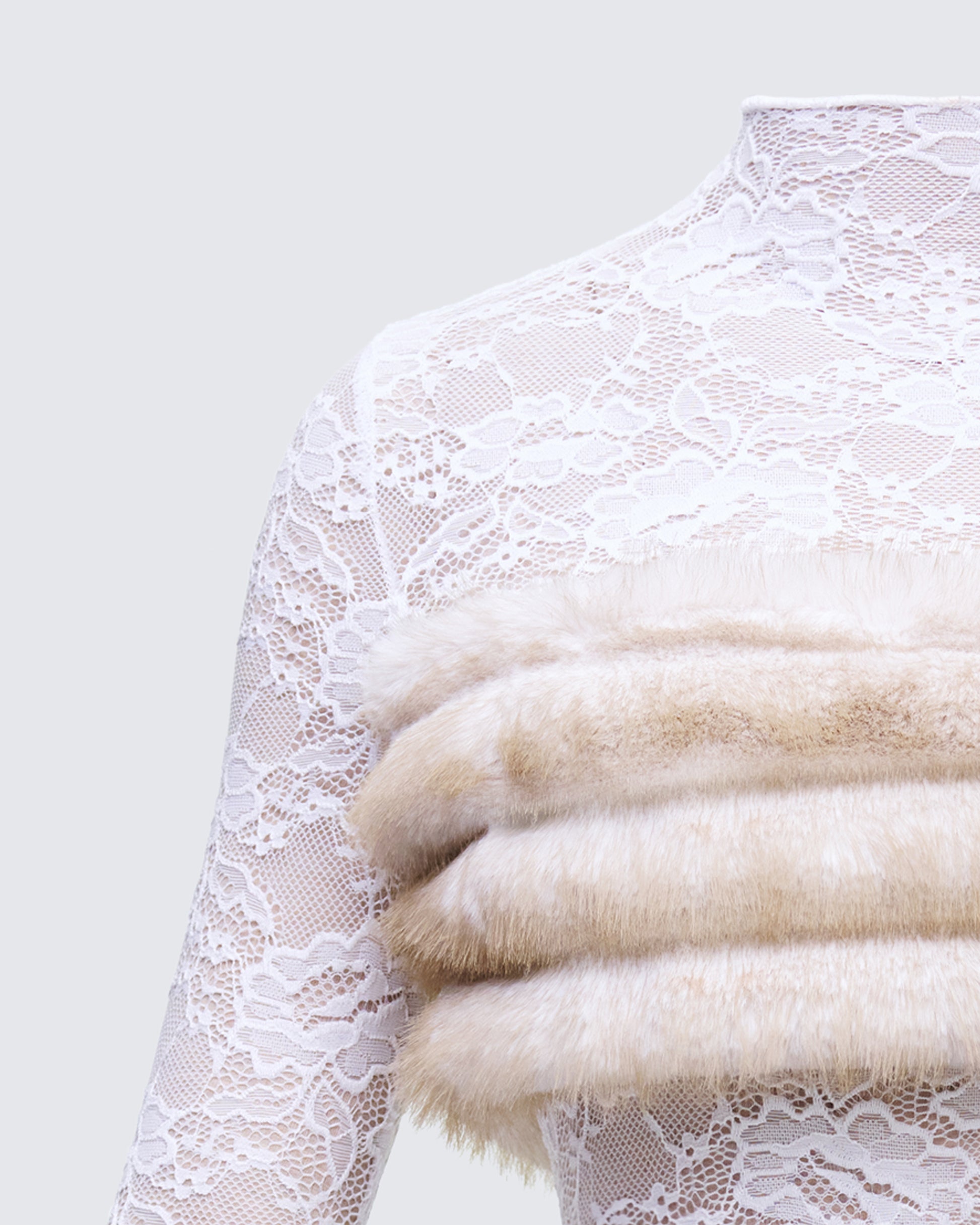 White Lace Mini Dress with Faux Fur Bands FINESSE White Lace Mini Dress with Faux Fur Bands FINESSE