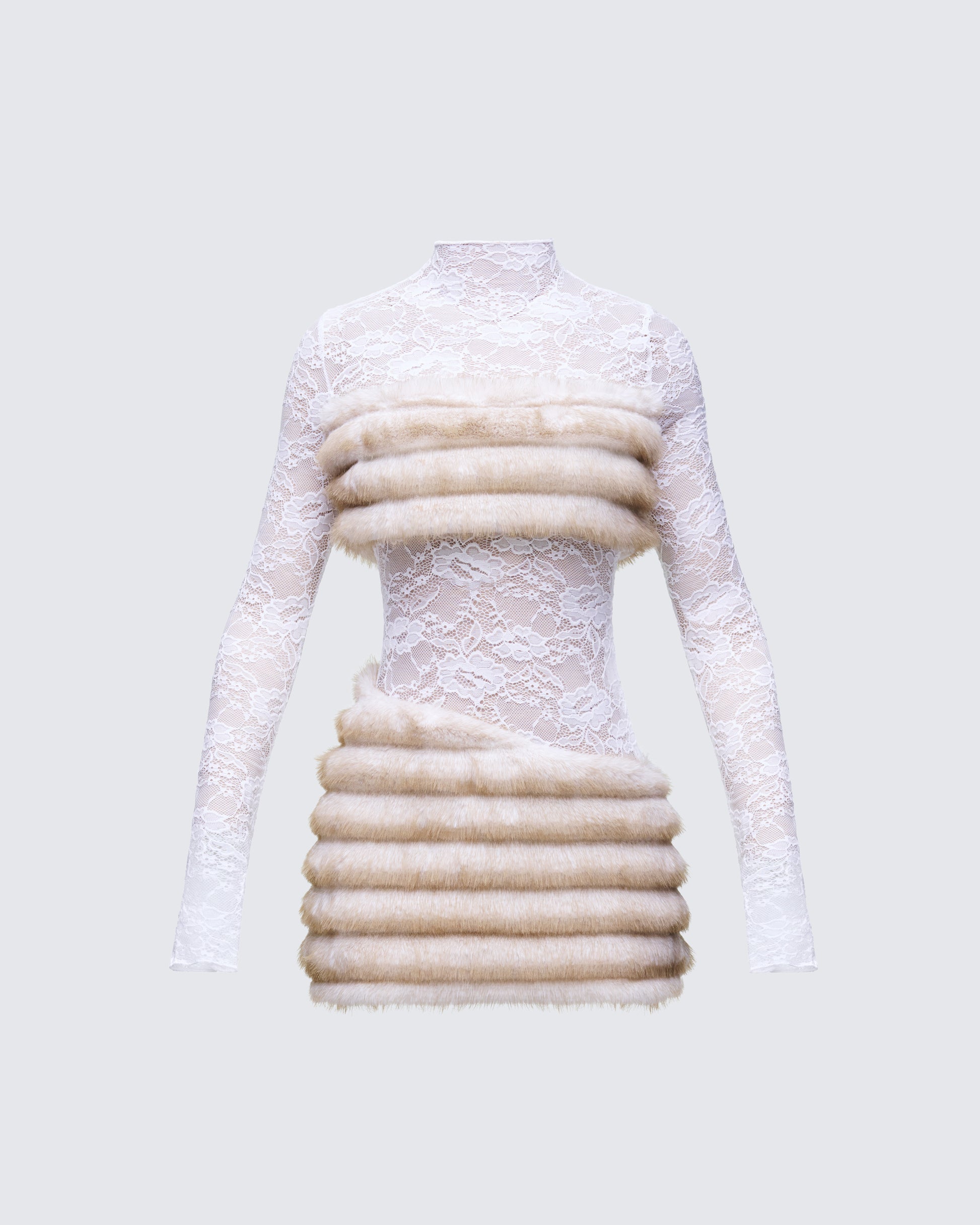 White Lace Mini Dress with Faux Fur Bands FINESSE White Lace Mini Dress with Faux Fur Bands FINESSE