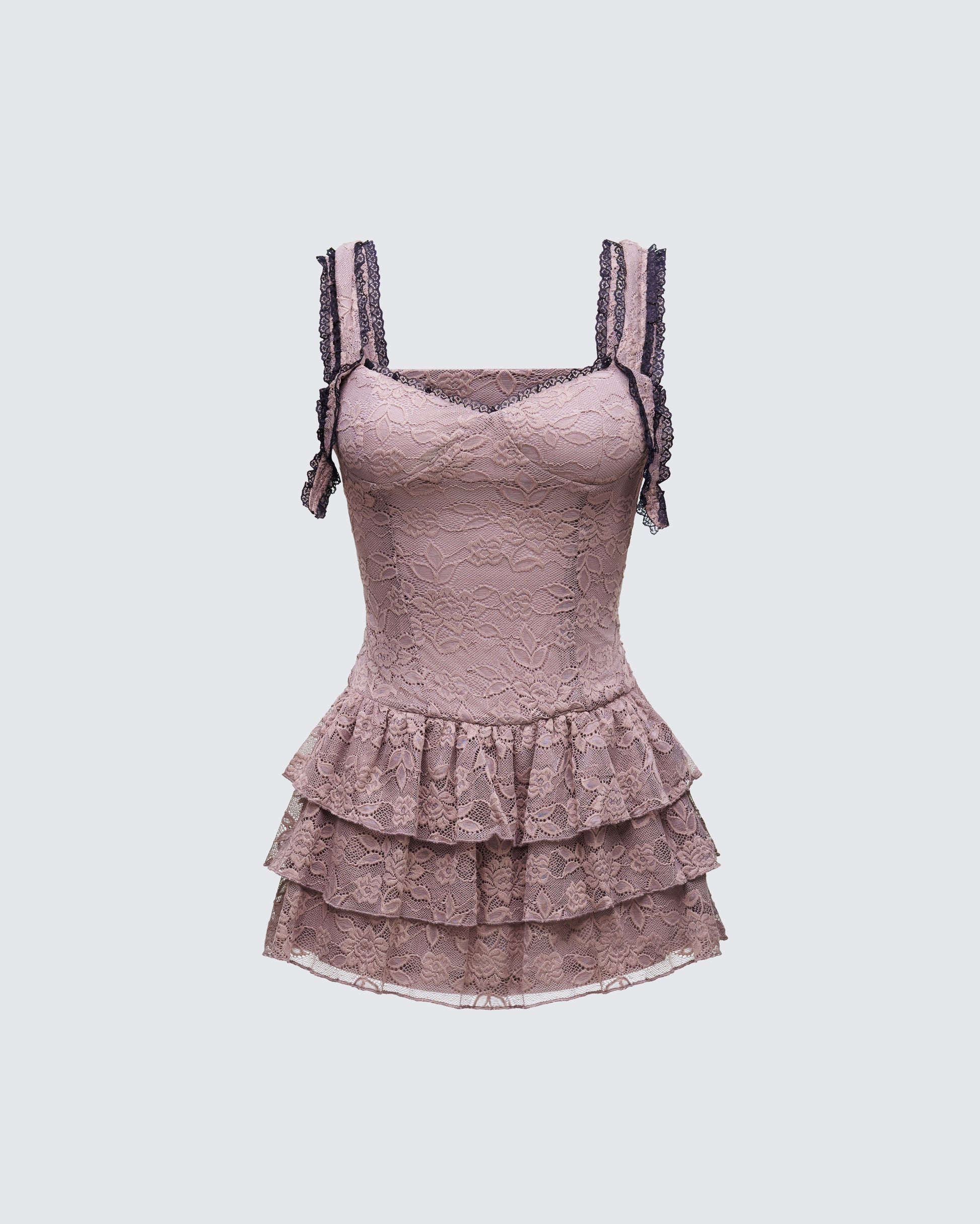 Brown Lace Mini Dress - Tiered Ruffle Corset Style FINESSE Brown Lace Mini Dress - Tiered Ruffle Corset Style FINESSE