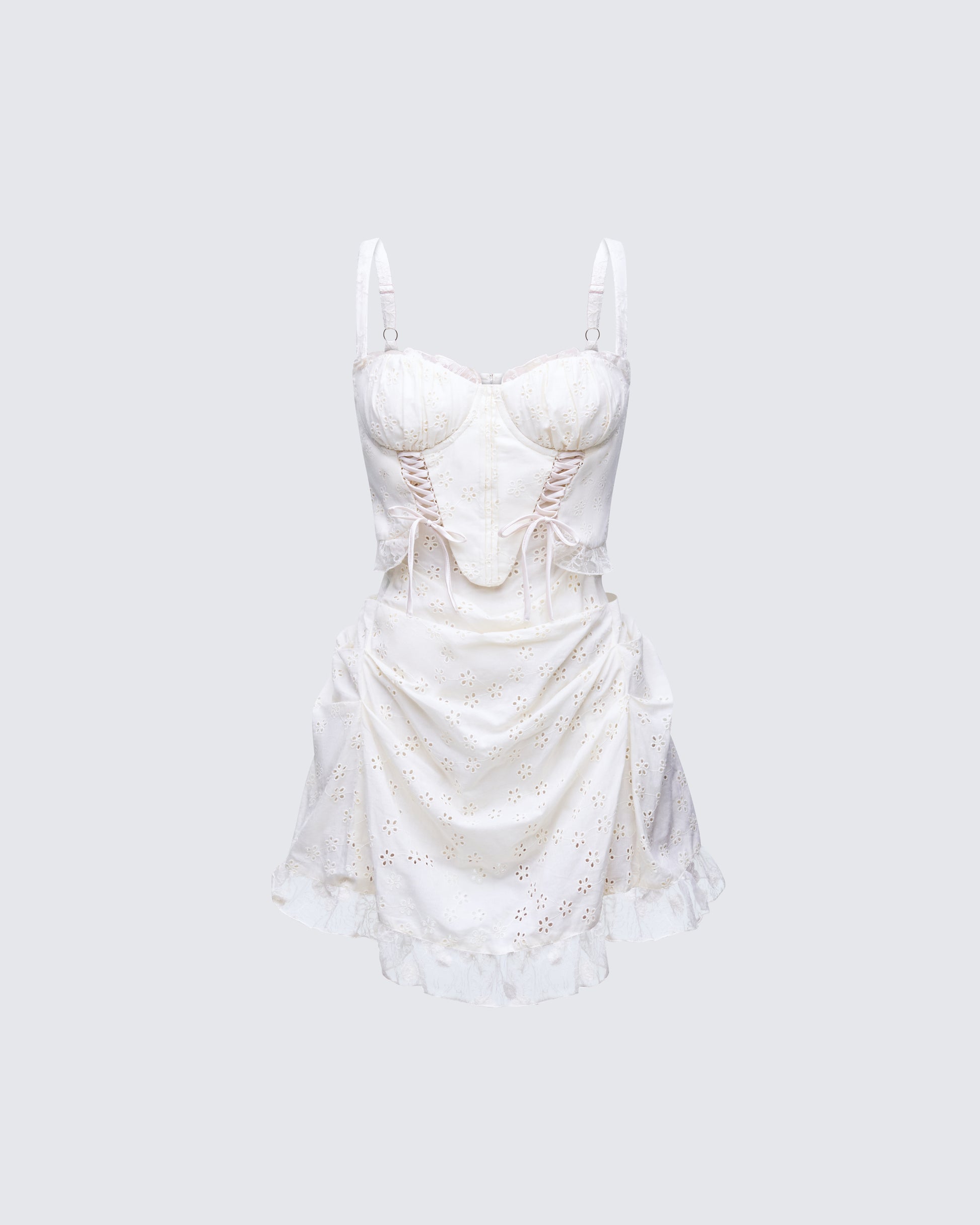White Eyelet Corset Mini Dress - Lace-Up Ruffle Hem FINESSE White Eyelet Corset Mini Dress - Lace-Up Ruffle Hem FINESSE