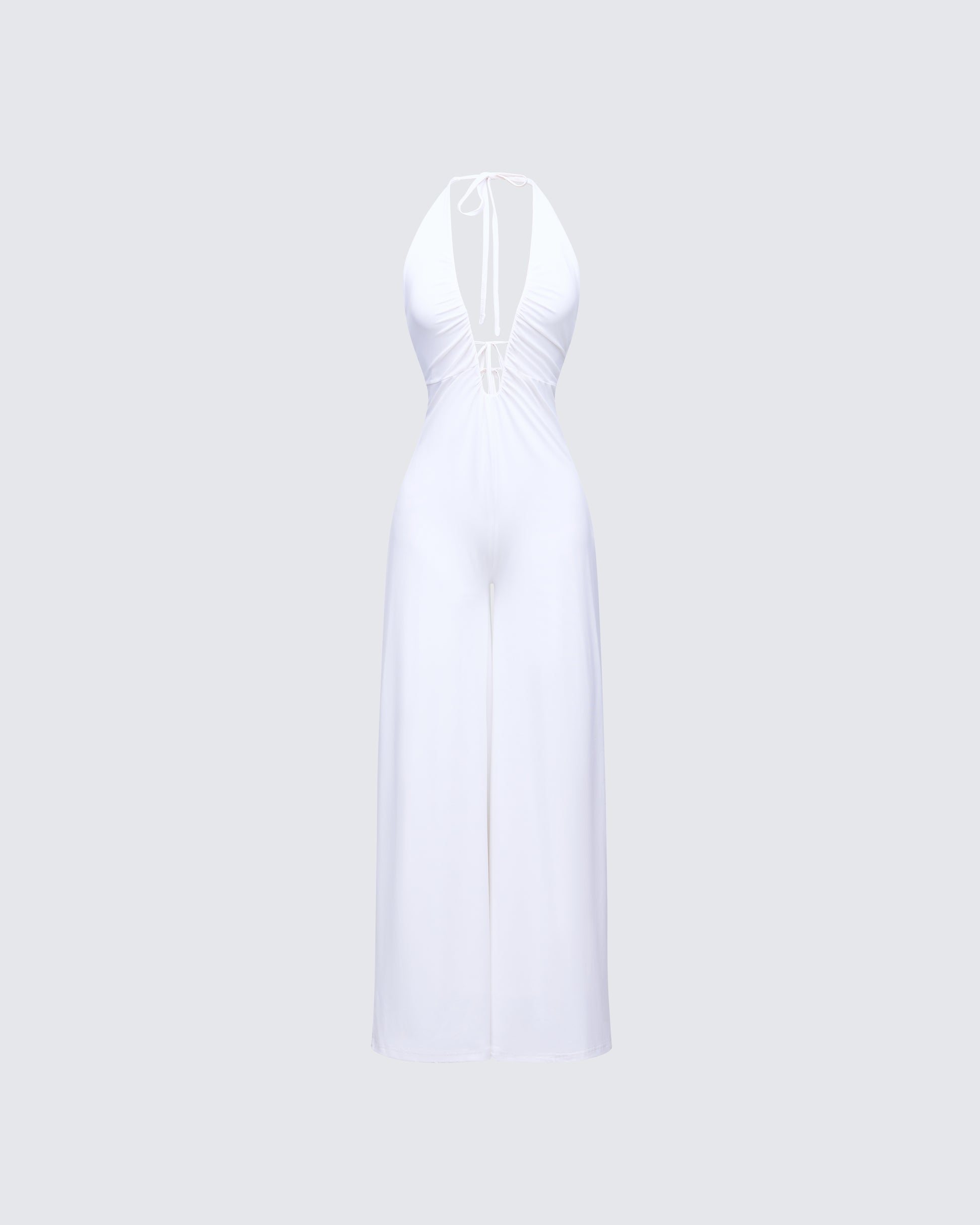 White Halter Jumpsuit - Deep V Plunge Wide Leg FINESSE White Halter Jumpsuit - Deep V Plunge Wide Leg FINESSE