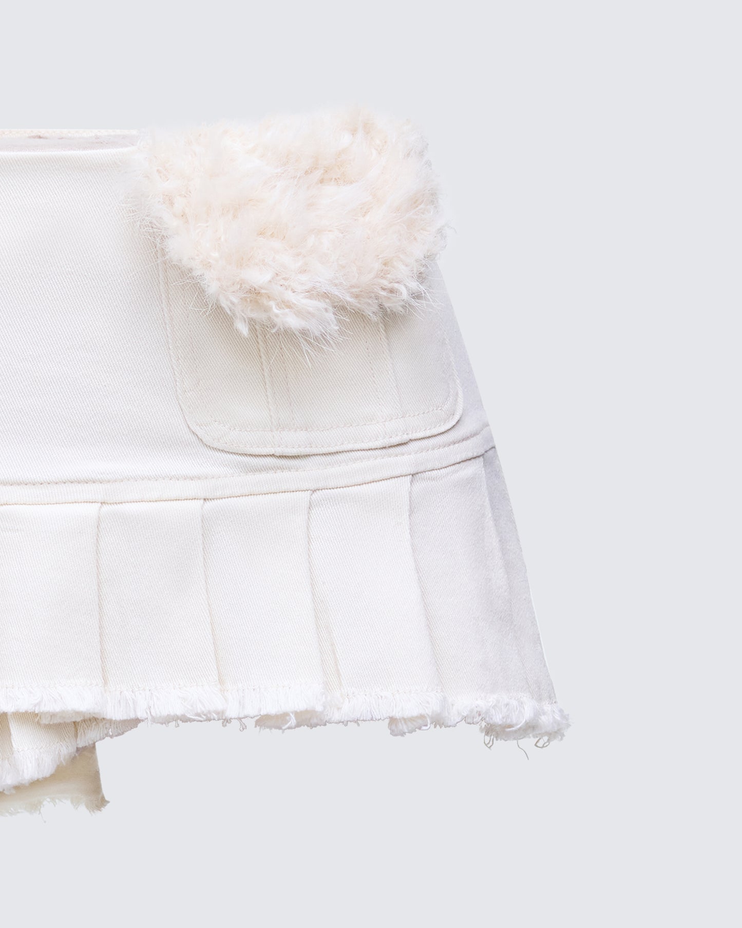 Zefira Ivory Fur Trim Distressed Mini Skirt