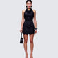 Mina Black Halter Eyelet Leather Look Dress model front