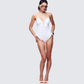 Dimah White Ruched Frill Swimsuit - side angle