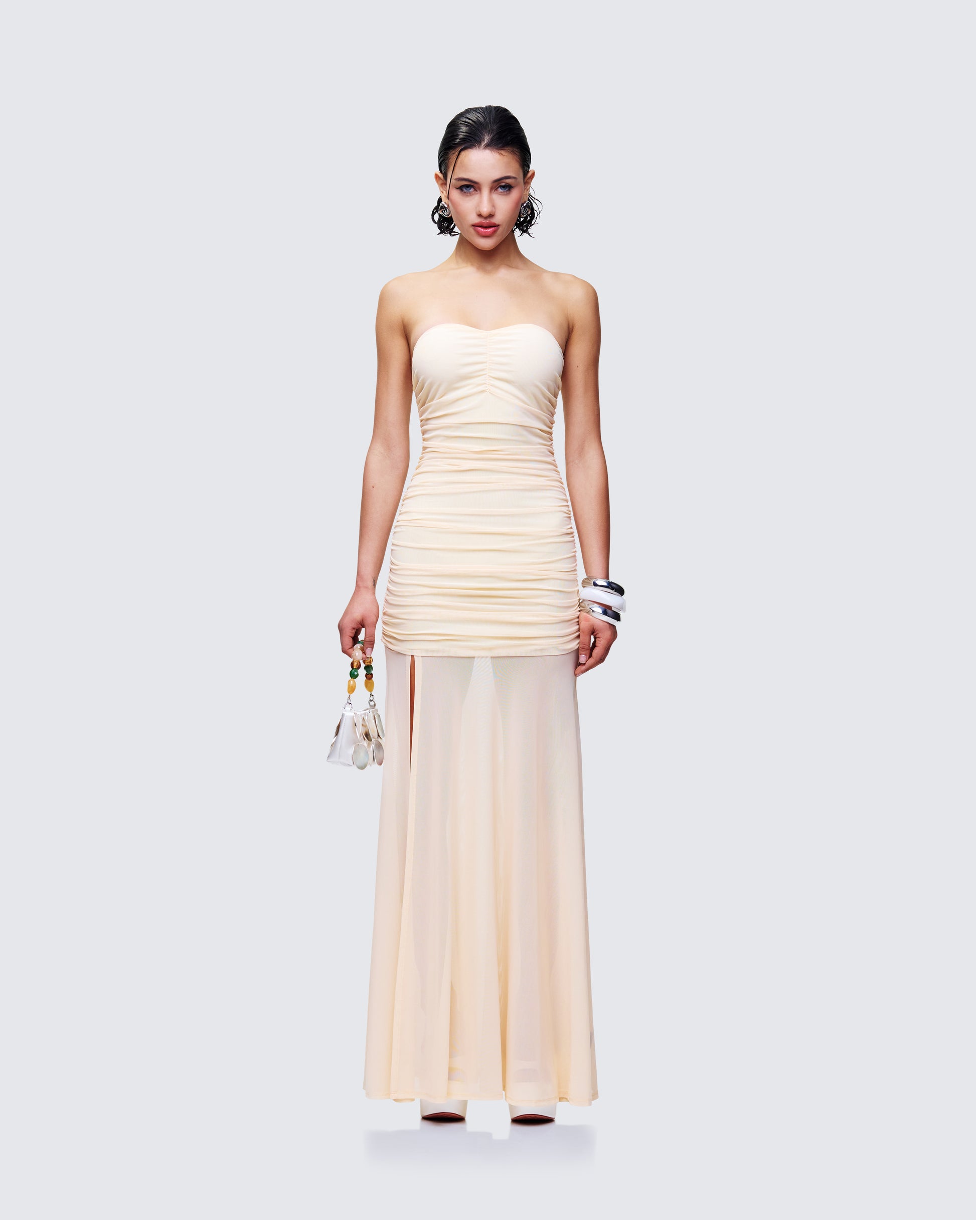 tan ruched dress Tan Side Ruched Maxi Dress BLANK