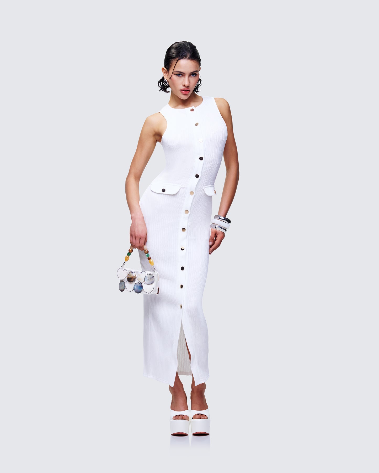 Women's ivory maxi dress close-up detail – FINESSE