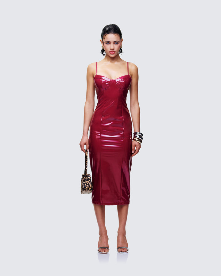 Burgundy Midi Dress - Shiny Bodycon Cocktail Dress FINESSE Burgundy Midi Dress - Shiny Bodycon Cocktail Dress FINESSE