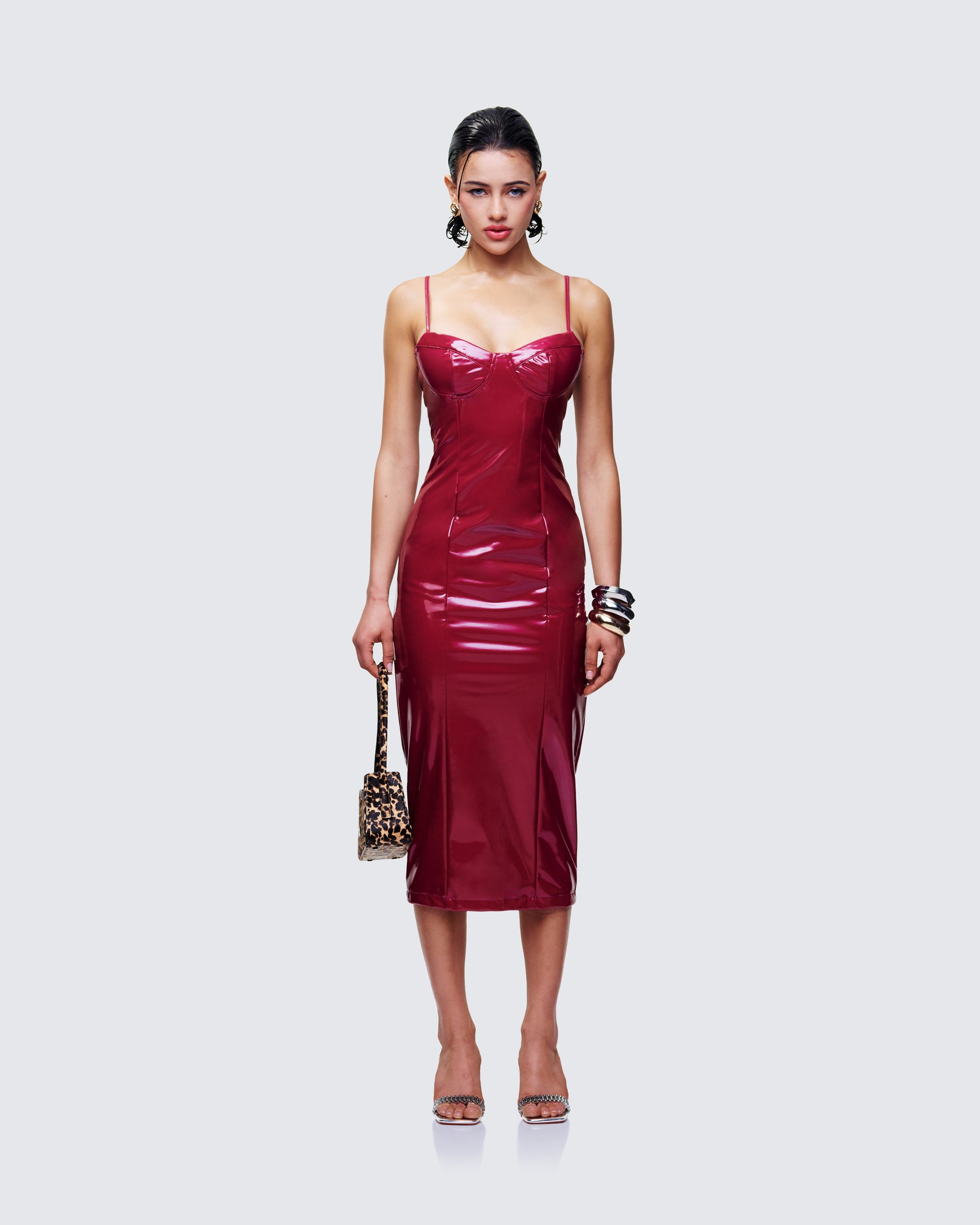 Burgundy Midi Dress - Shiny Bodycon Cocktail Dress FINESSE Burgundy Midi Dress - Shiny Bodycon Cocktail Dress FINESSE