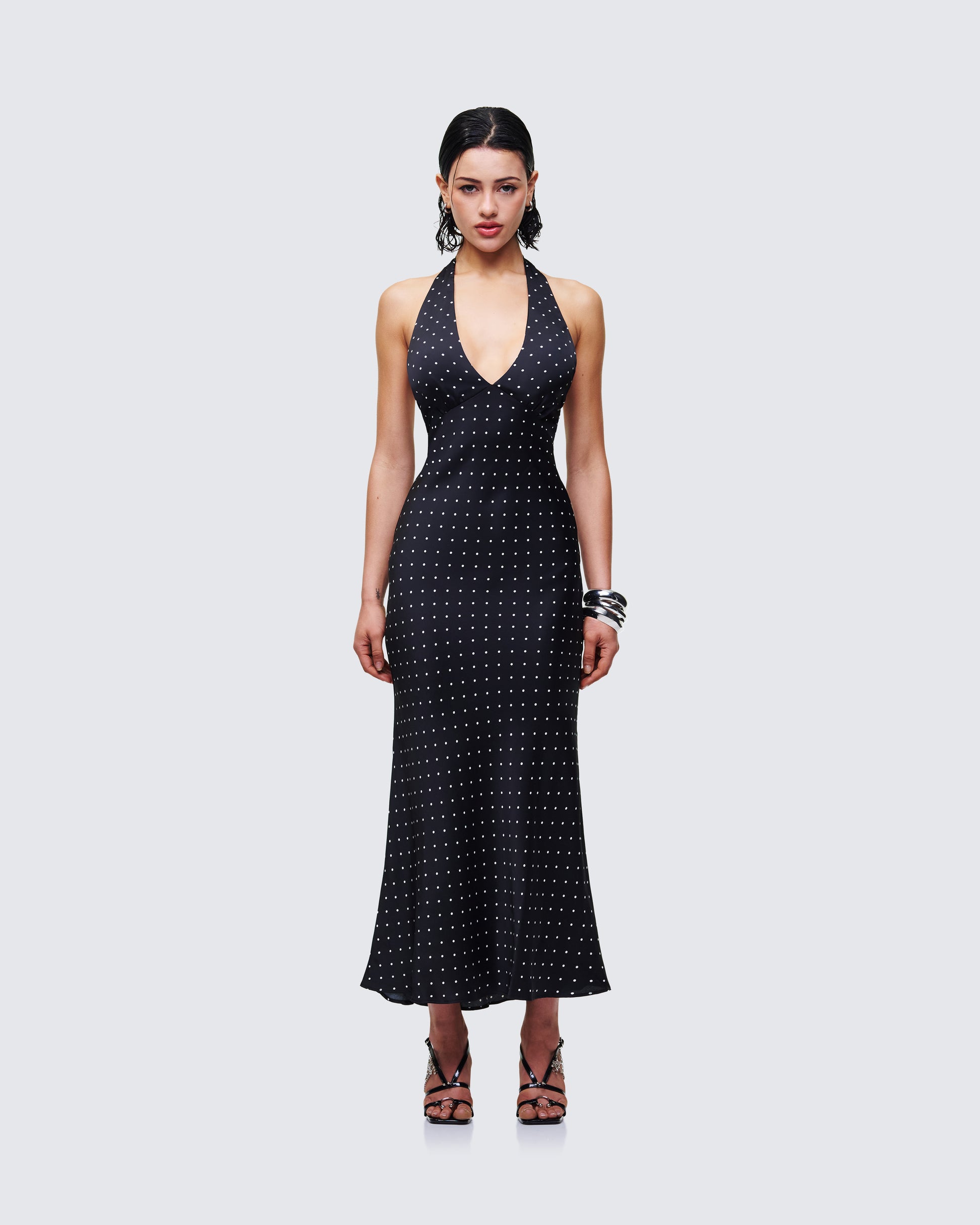 Black Polka Dot Halter Midi Dress - Bodycon Party FINESSE Black Polka Dot Halter Midi Dress - Bodycon Party FINESSE
