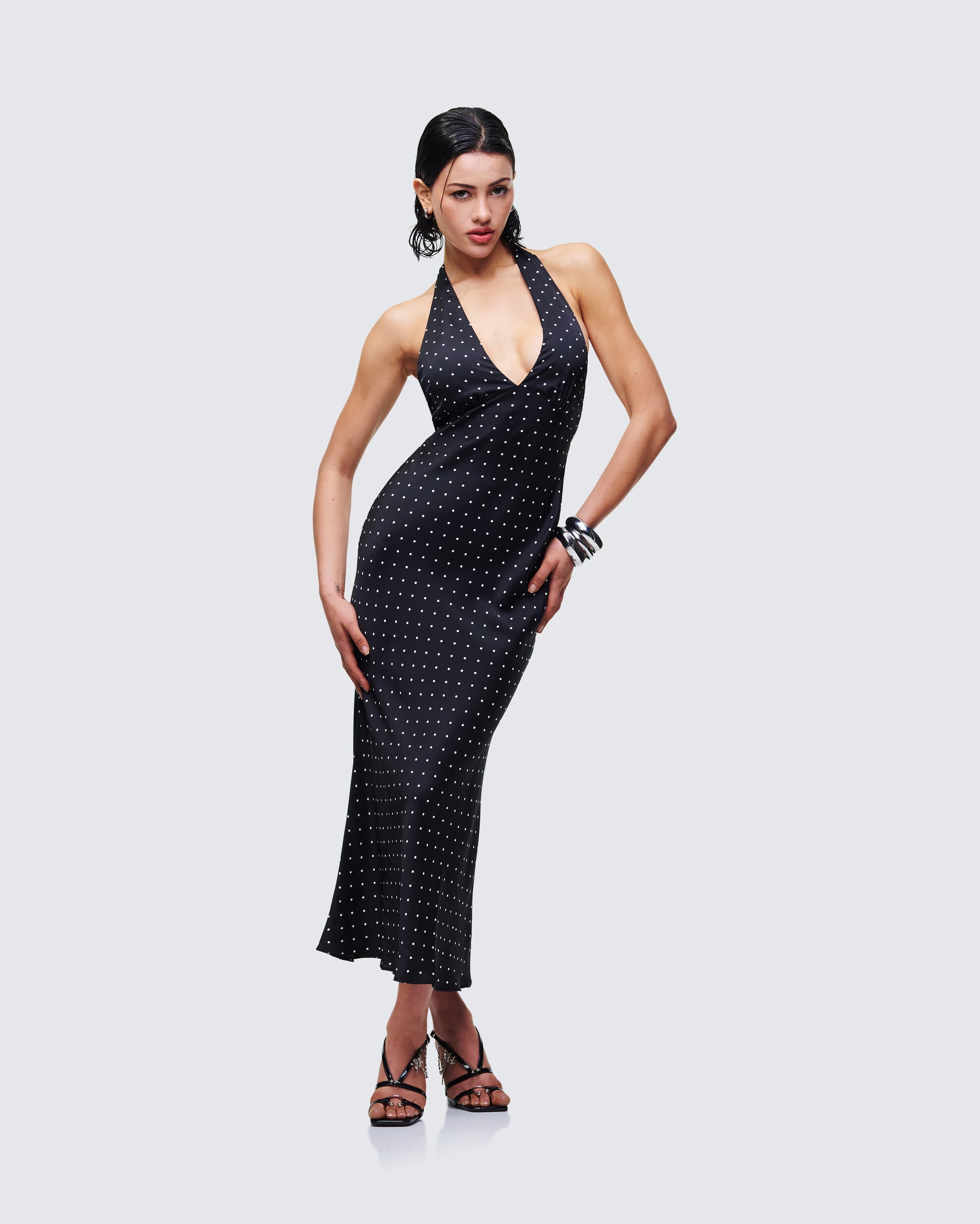 Black Polka Dot Halter Midi Dress - Bodycon Party FINESSE Black Polka Dot Halter Midi Dress - Bodycon Party FINESSE