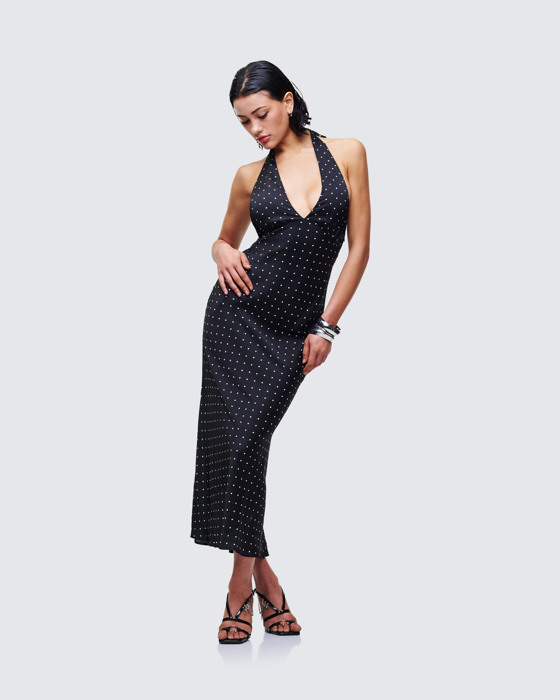 black midi dress women Black Polka Dot Halter Midi Dress
