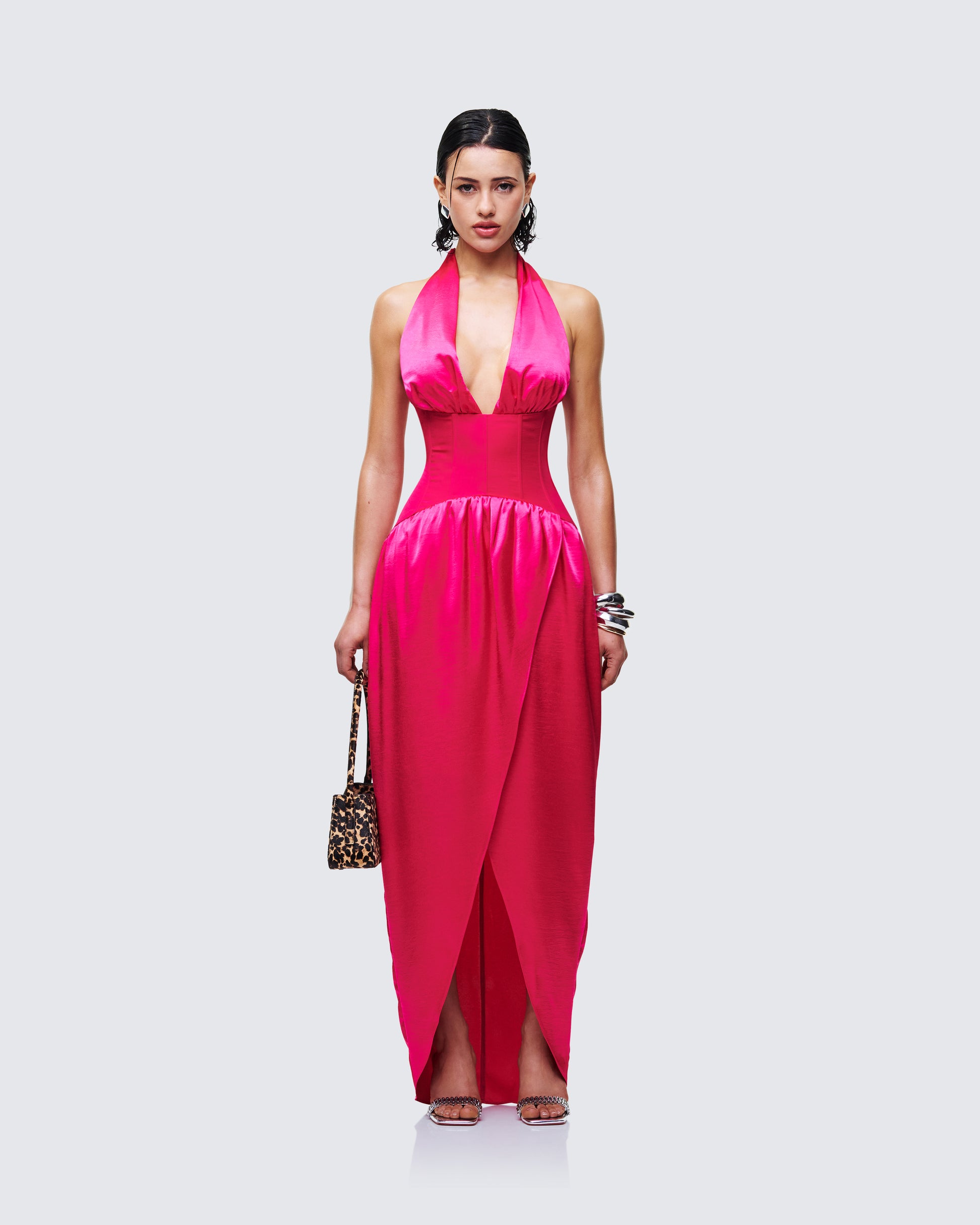 Hot Pink Halter Maxi Dress - Corset Wrap Party Dress FINESSE Hot Pink Halter Maxi Dress - Corset Wrap Party Dress FINESSE