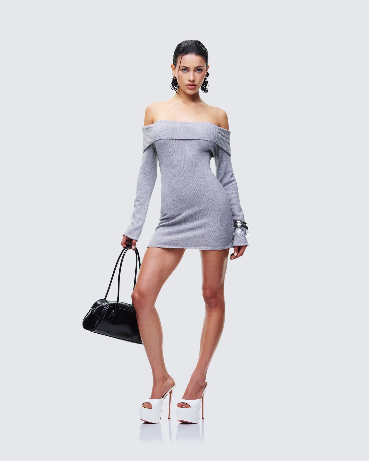 Grey Off-Shoulder Sweater Dress - Bodycon Knit Mini FINESSE Grey Off-Shoulder Sweater Dress - Bodycon Knit Mini FINESSE