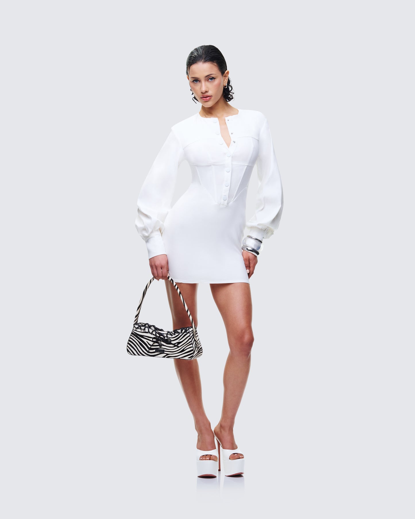 White Mini Dress - Corset Style Long Sleeve Fitted FINESSE White Mini Dress - Corset Style Long Sleeve Fitted FINESSE