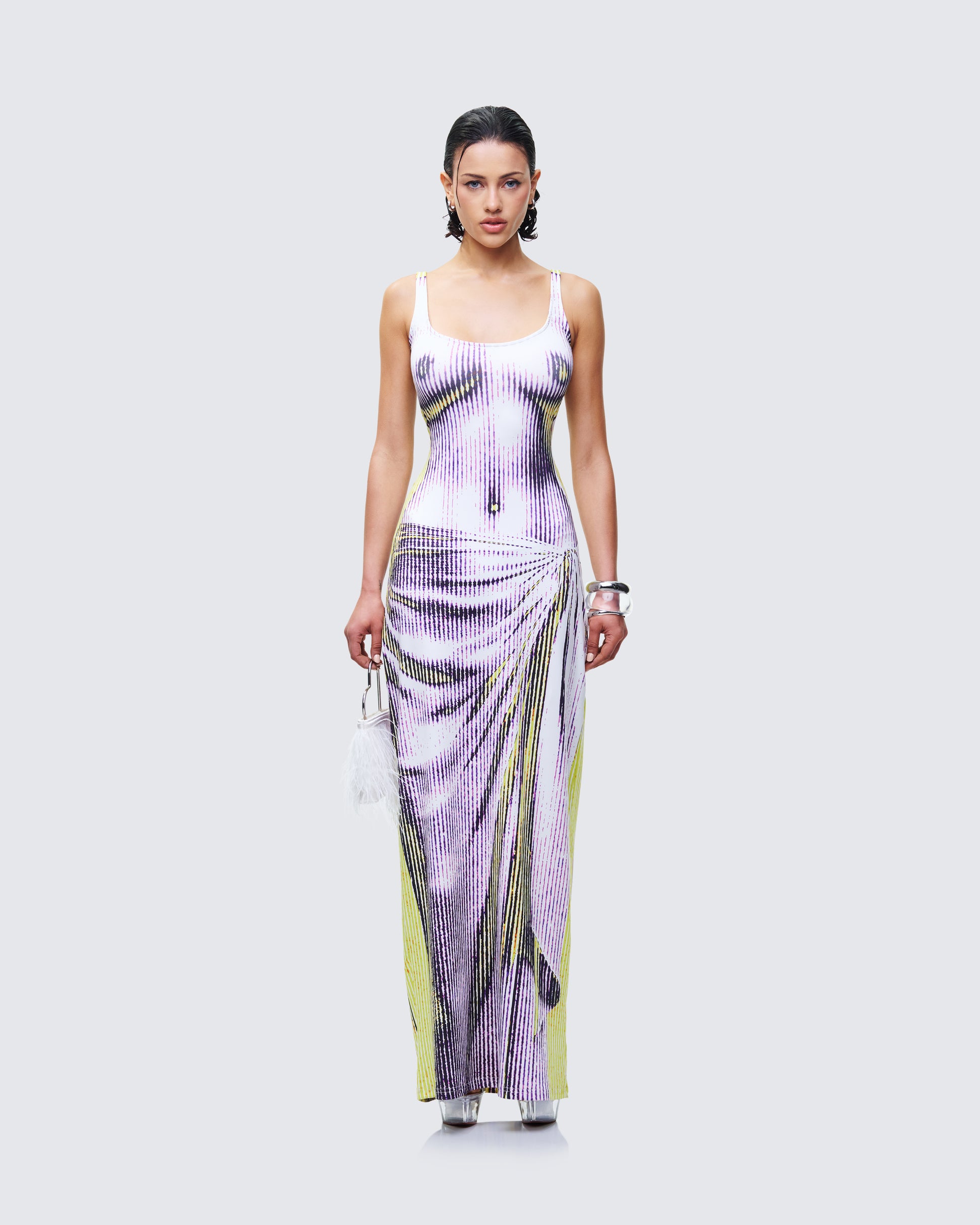 purple abstract dress Feel Your Best Purple Abstract Print Smocked Ruffle Sleeve Maxi Dress Small