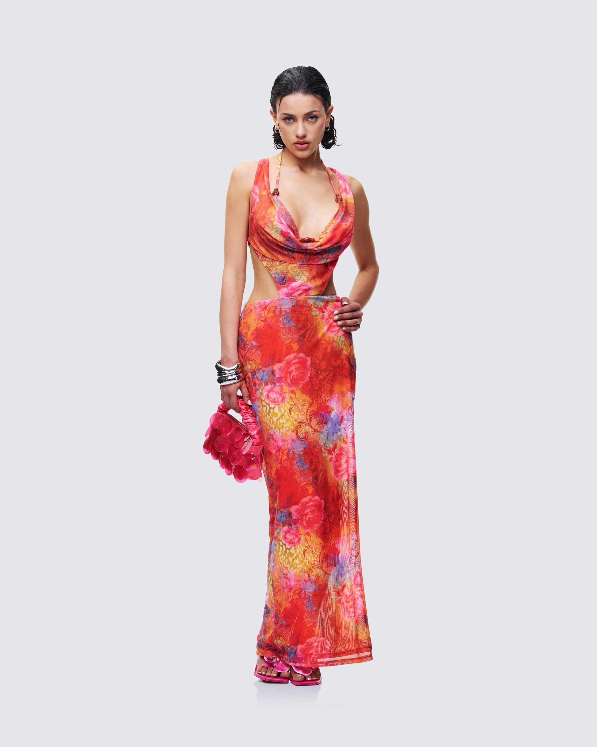 Aviella Multi Cowl Neck Maxi Dress - side angle