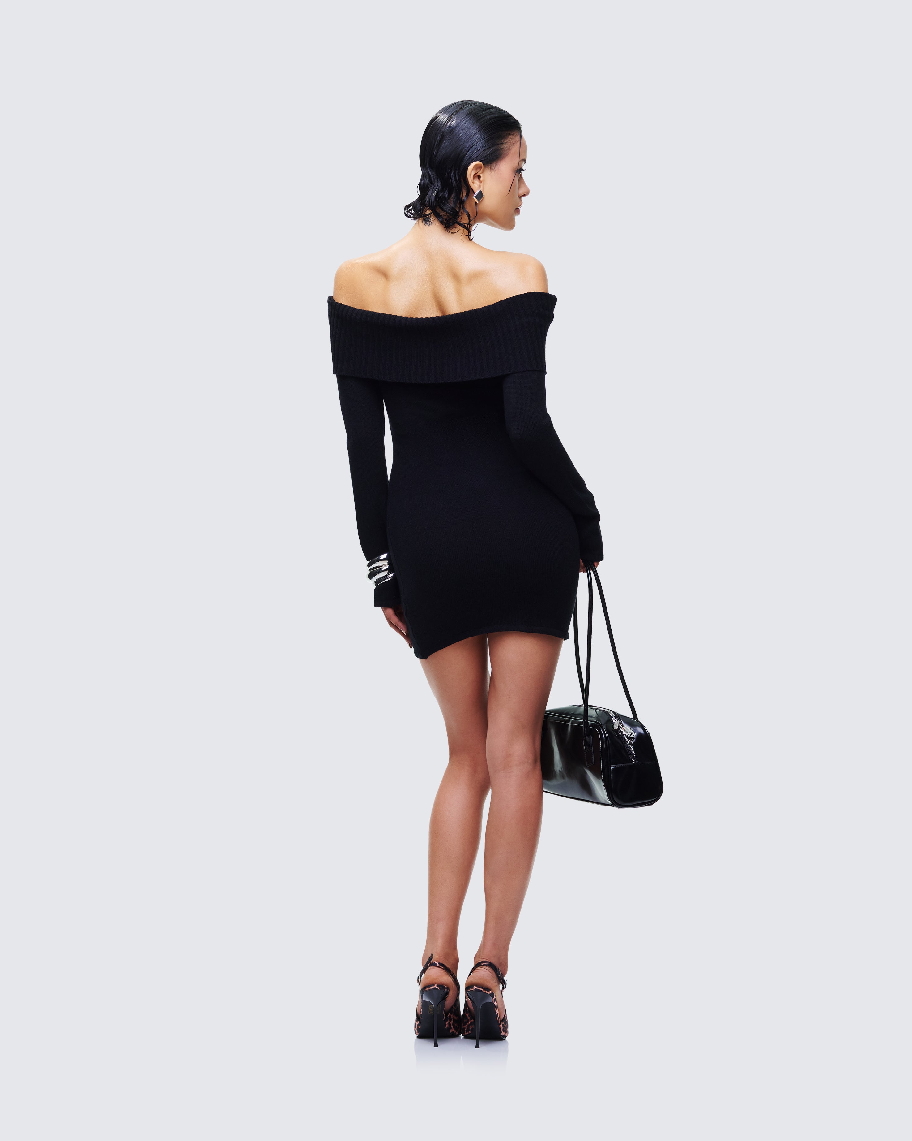 Black Off Shoulder Sweater Mini Dress - Bodycon Knit – FINESSE