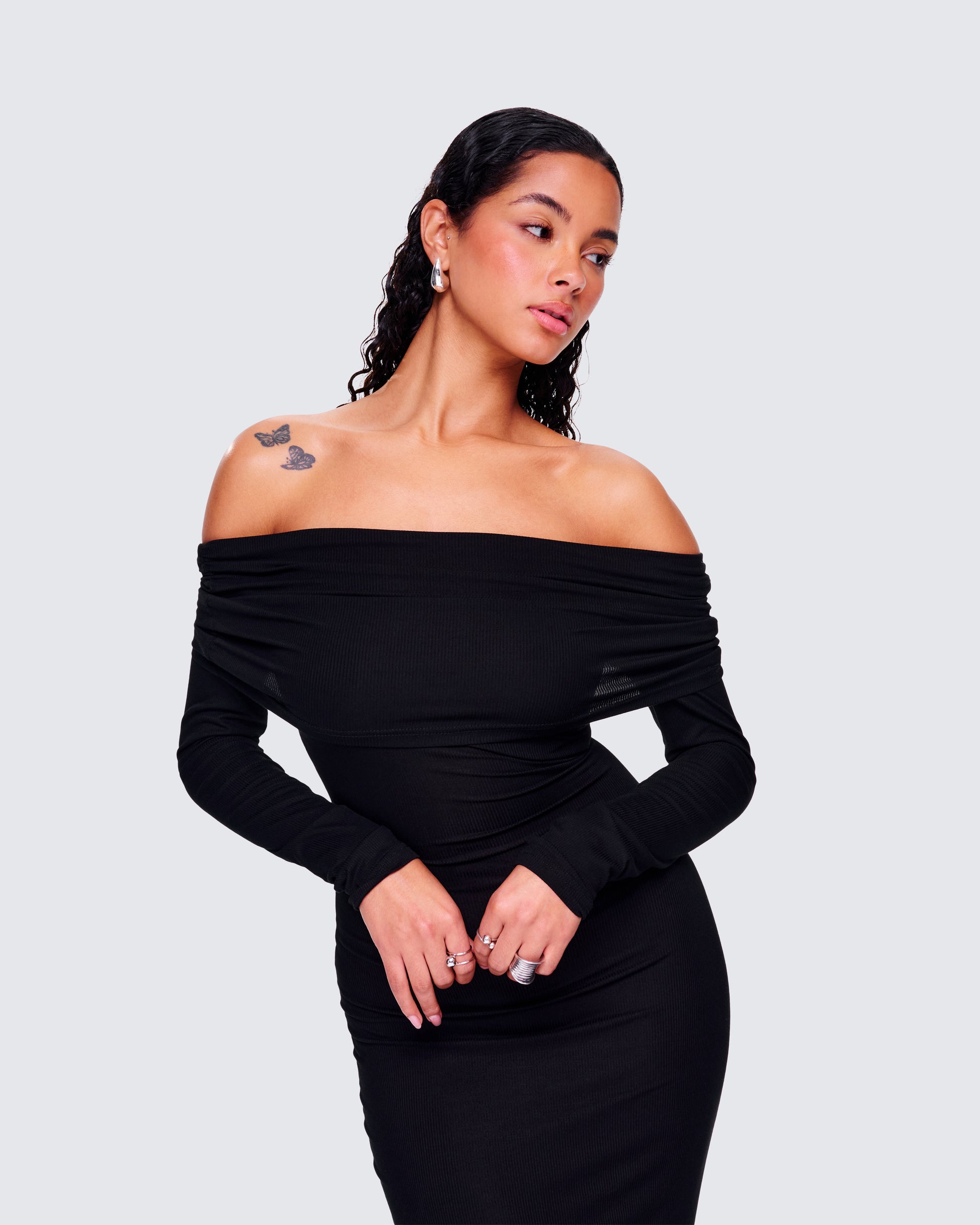 Black Off Shoulder Maxi Dress - Bodycon Ribbed Knit FINESSE Black Off Shoulder Maxi Dress - Bodycon Ribbed Knit FINESSE