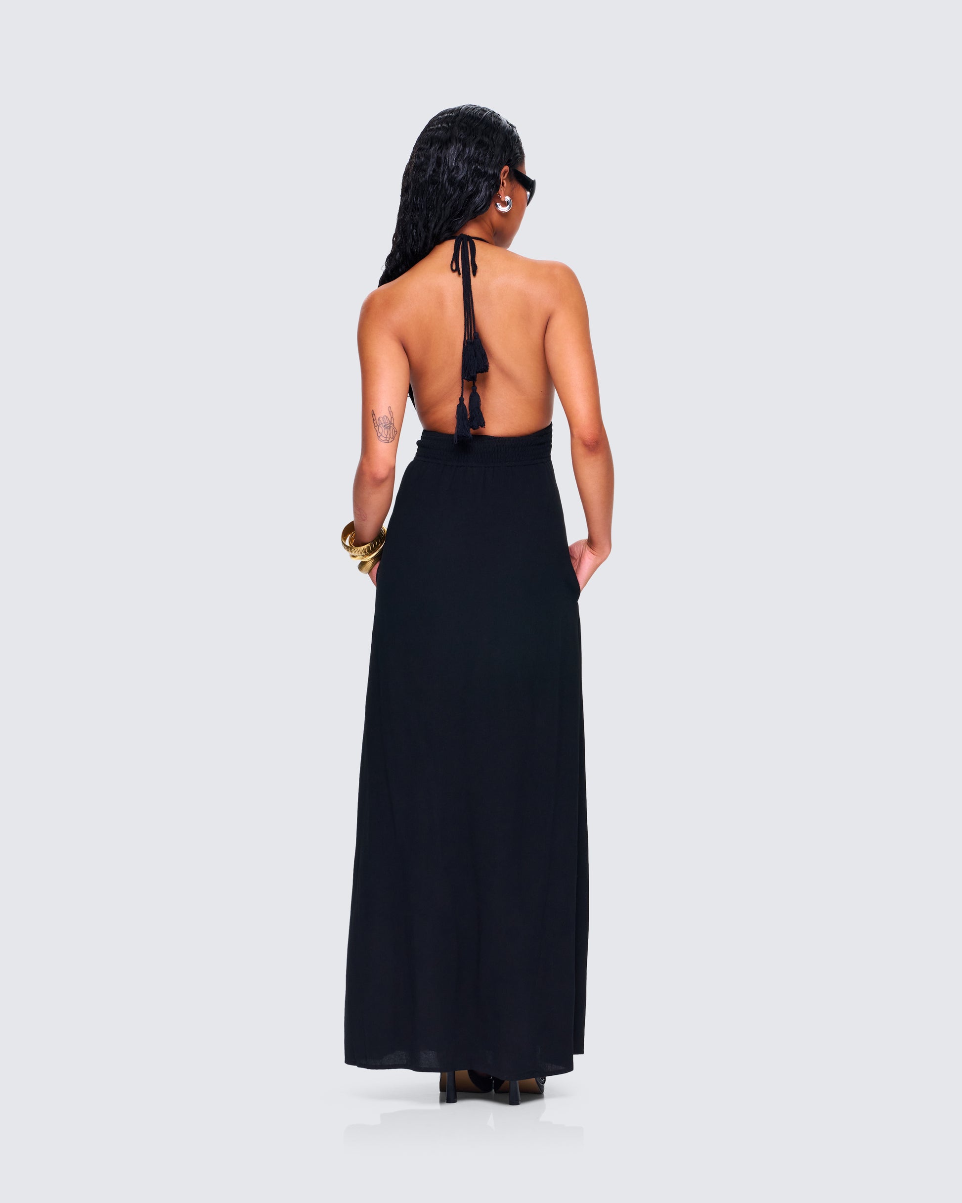Black Halter Maxi Dress - Smocked Waist Flowy FINESSE Black Halter Maxi Dress - Smocked Waist Flowy FINESSE