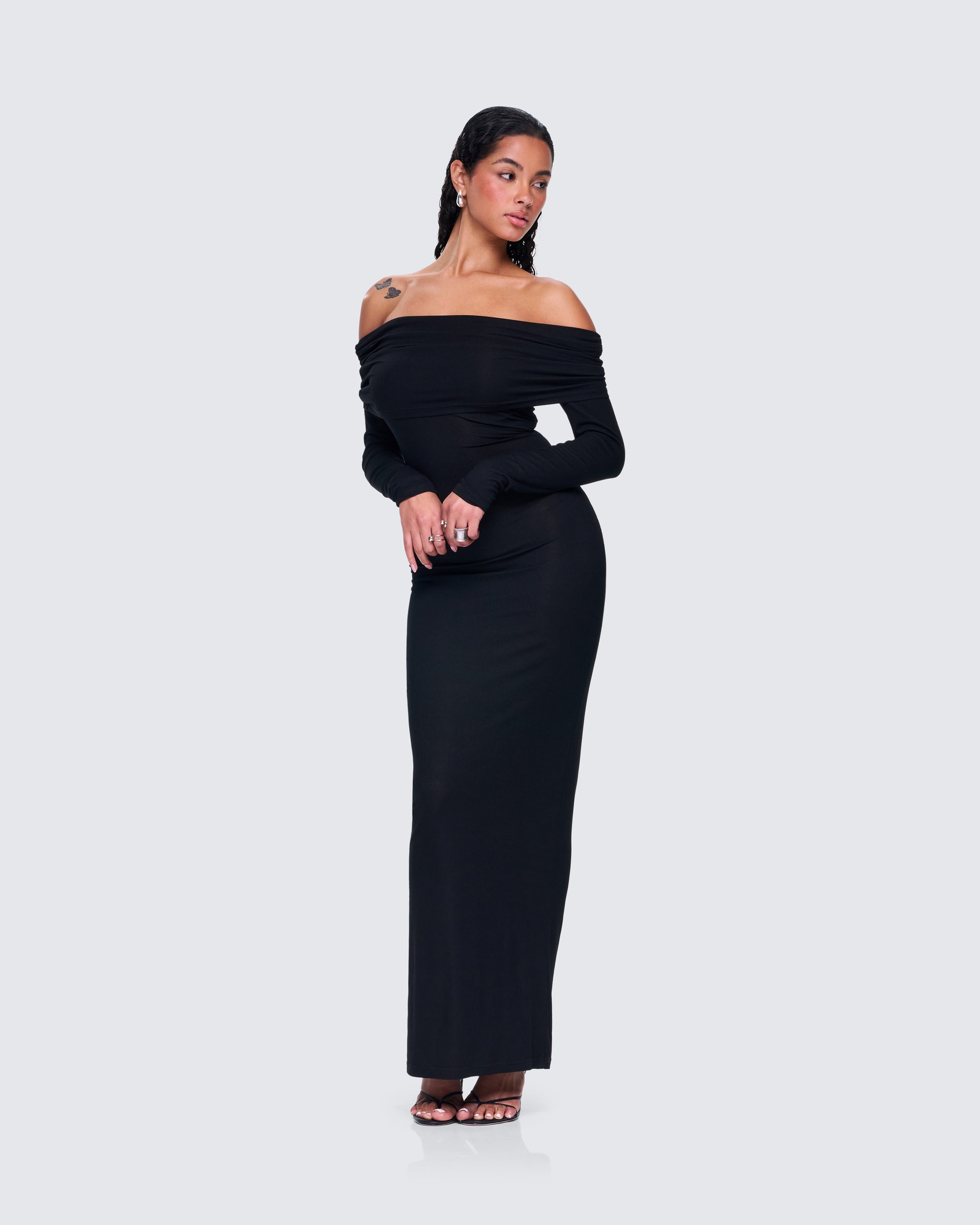 Black Off Shoulder Maxi Dress - Bodycon Ribbed Knit FINESSE Black Off Shoulder Maxi Dress - Bodycon Ribbed Knit FINESSE