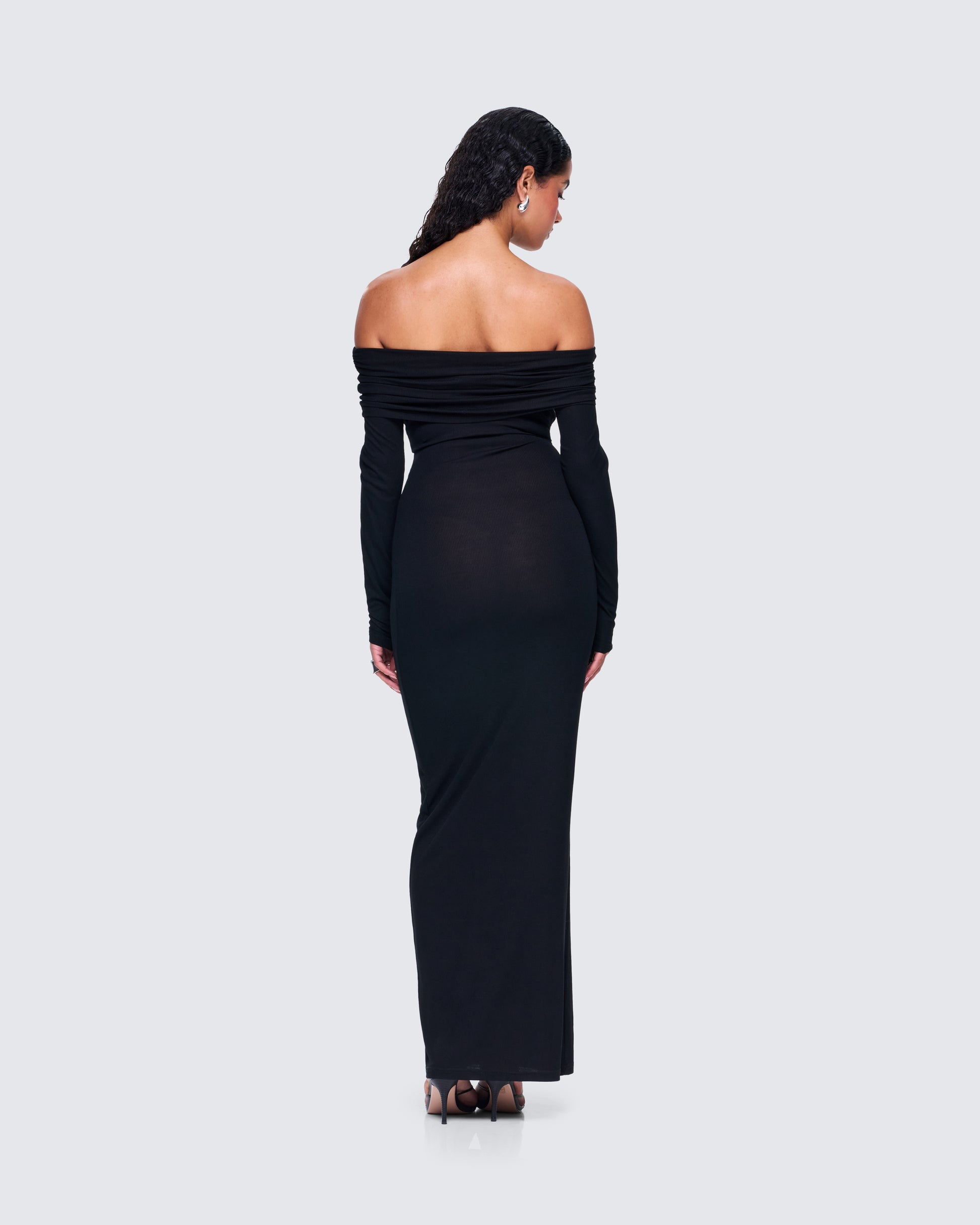Black Off Shoulder Maxi Dress - Bodycon Ribbed Knit FINESSE Black Off Shoulder Maxi Dress - Bodycon Ribbed Knit FINESSE