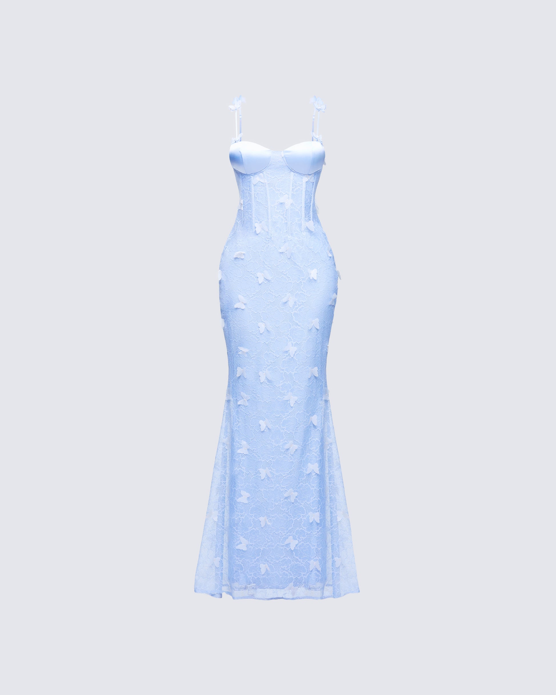 Blue Butterfly Lace Maxi Dress - Sheer Formal Gown FINESSE Blue Butterfly Lace Maxi Dress - Sheer Formal Gown FINESSE
