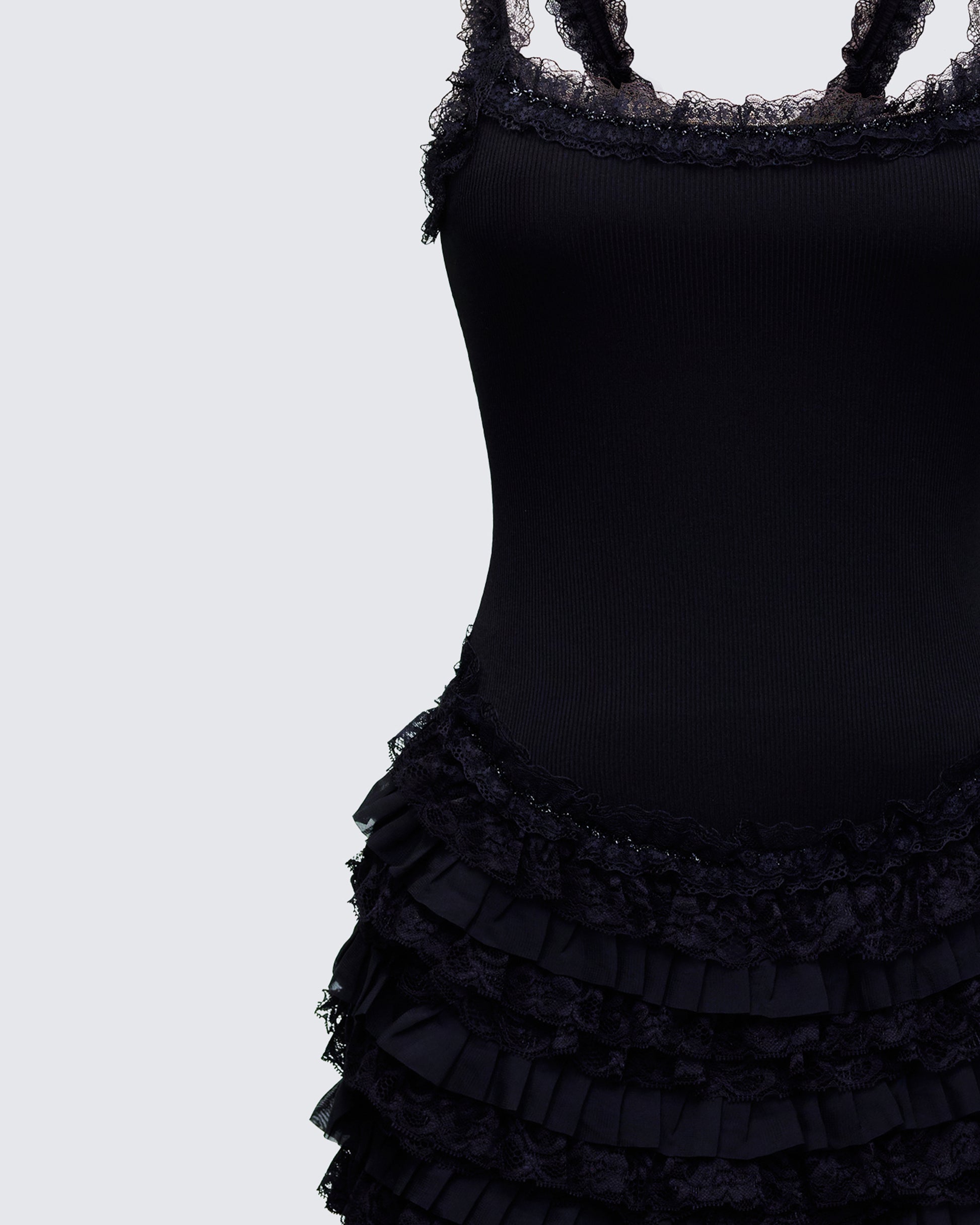 Black Lace Ruffle Mini Dress - Ribbed Bodycon Party FINESSE Black Lace Ruffle Mini Dress - Ribbed Bodycon Party FINESSE