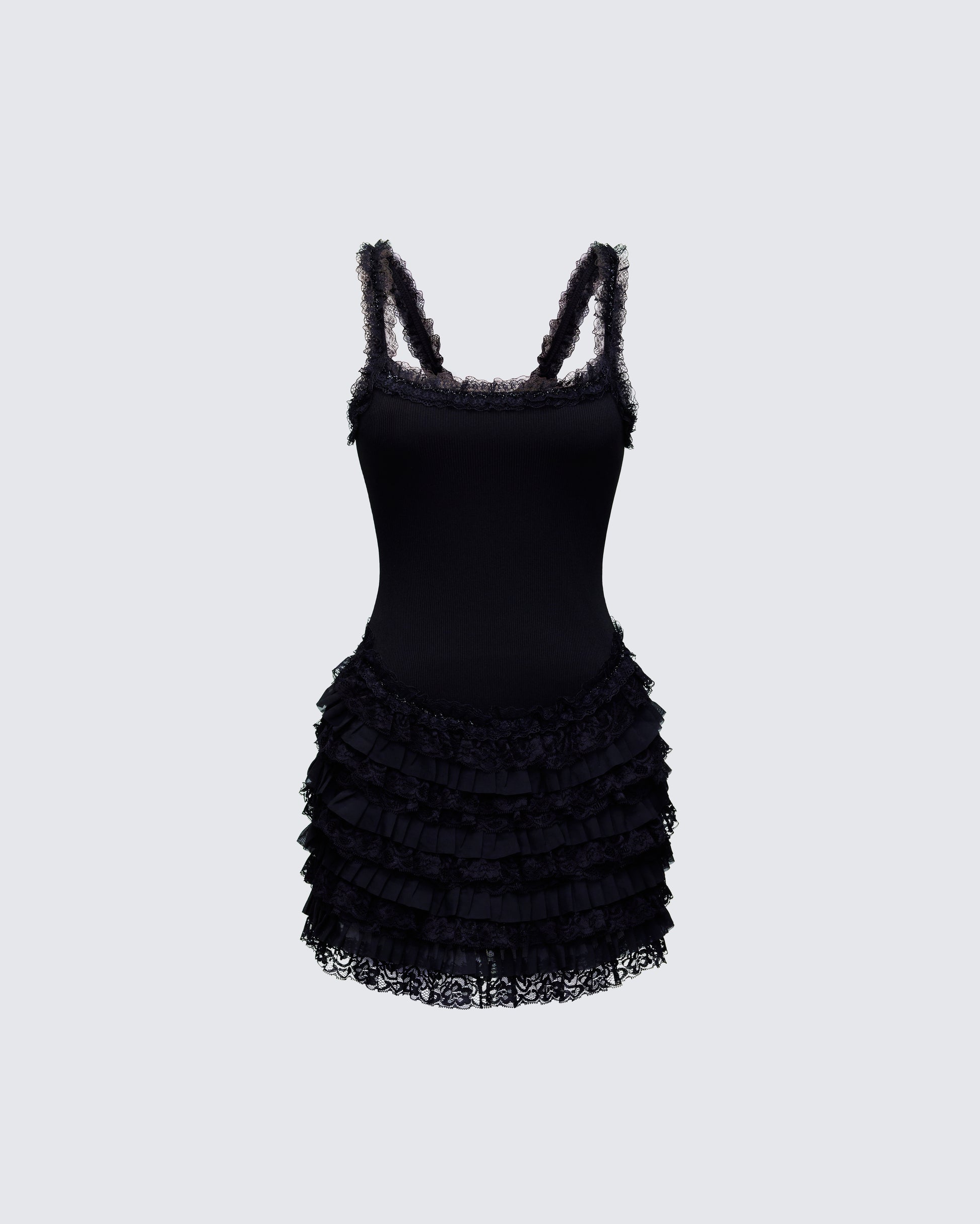 Black Lace Ruffle Mini Dress - Ribbed Bodycon Party FINESSE Black Lace Ruffle Mini Dress - Ribbed Bodycon Party FINESSE