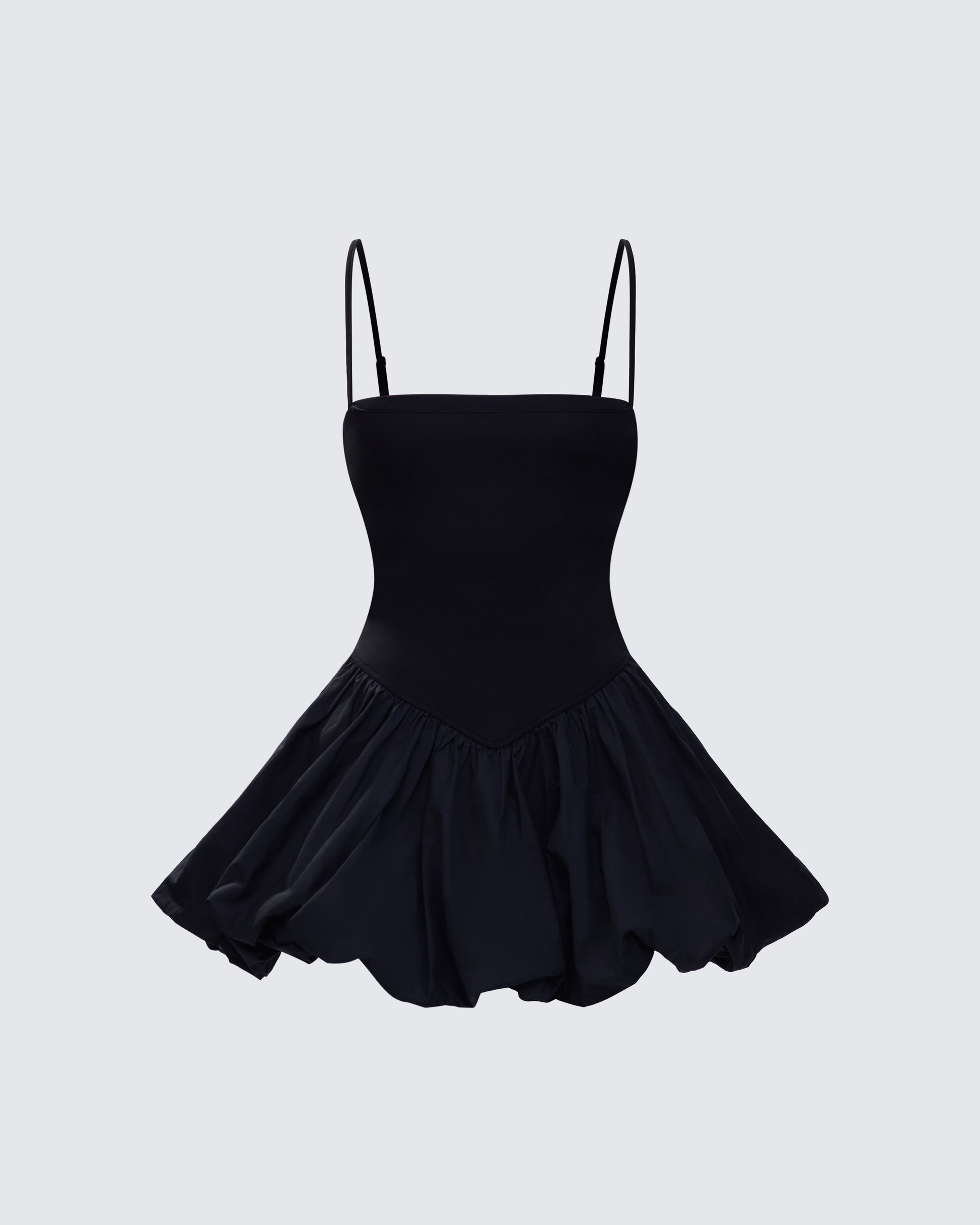 Black Bubble Hem Mini Dress - Spaghetti Strap Party FINESSE Black Bubble Hem Mini Dress - Spaghetti Strap Party FINESSE