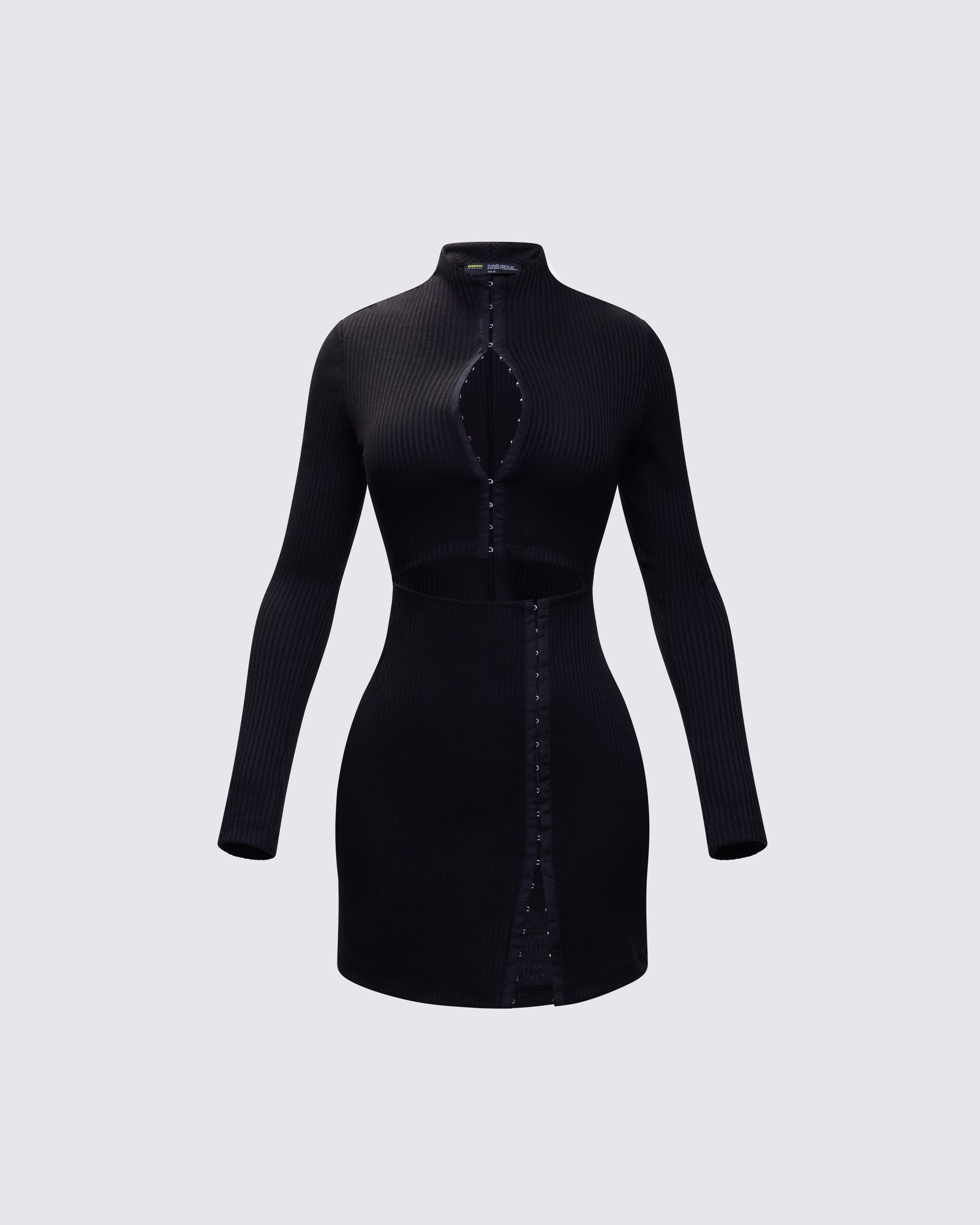 Black Ribbed Mini Dress - Long Sleeve Hook Front FINESSE Black Ribbed Mini Dress - Long Sleeve Hook Front FINESSE