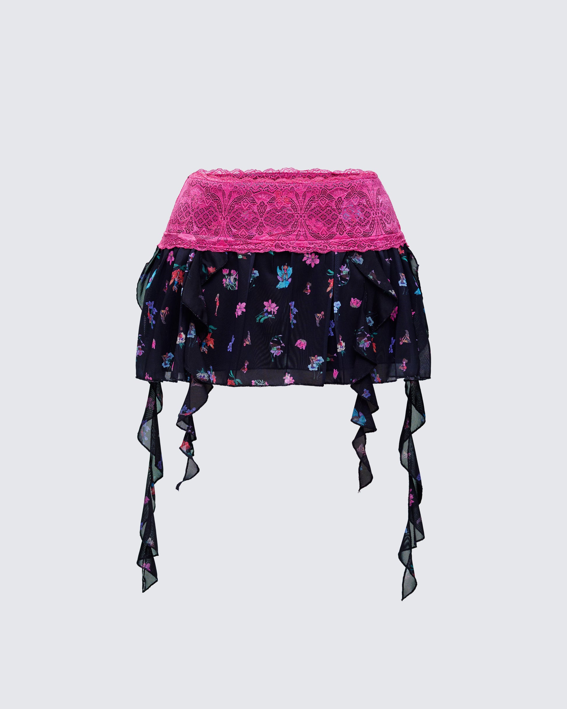 Black Floral Mini Skirt - Pink Lace Waist Garter Belt FINESSE Black Floral Mini Skirt - Pink Lace Waist Garter Belt FINESSE
