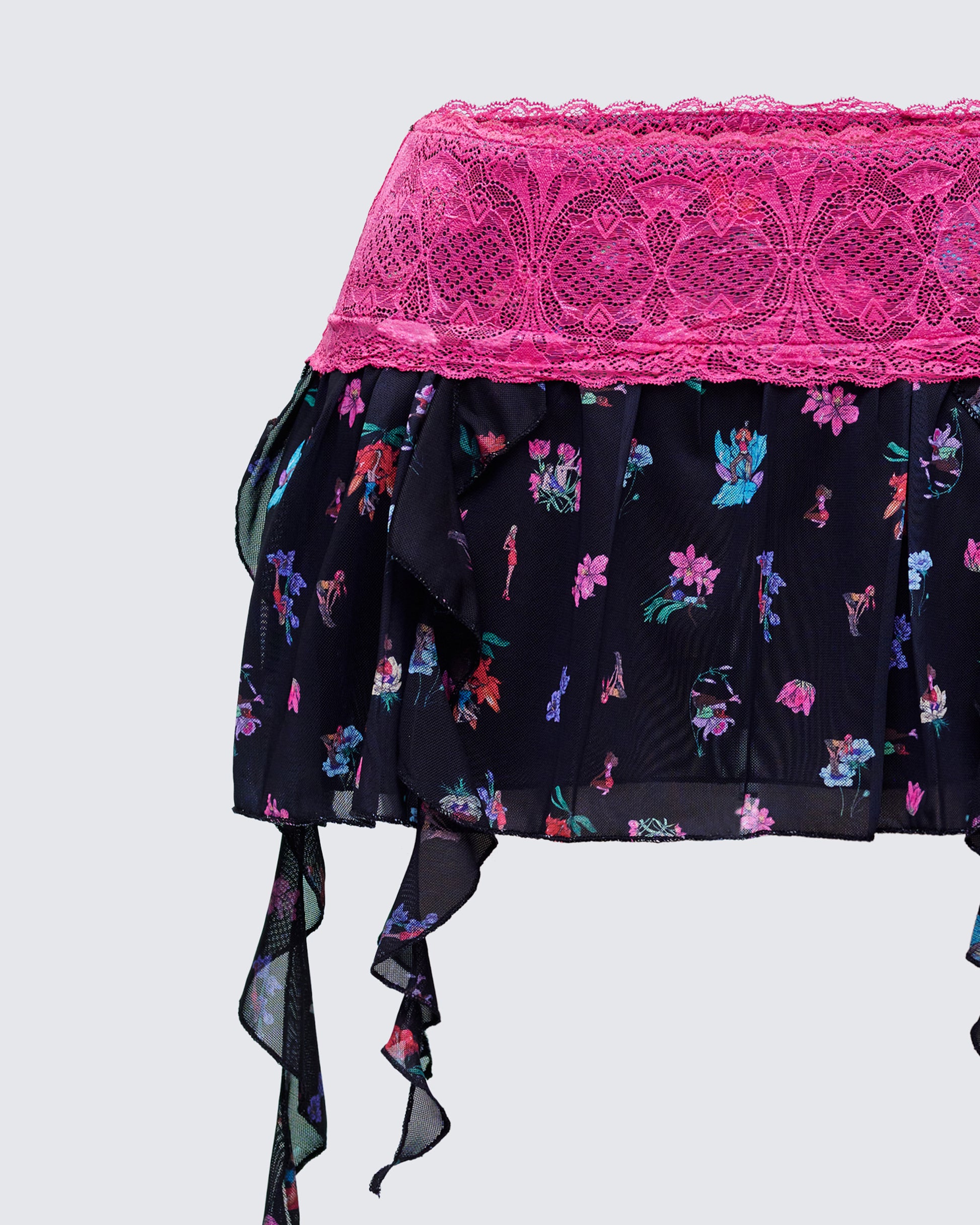 Black Floral Mini Skirt - Pink Lace Waist Garter Belt FINESSE Black Floral Mini Skirt - Pink Lace Waist Garter Belt FINESSE