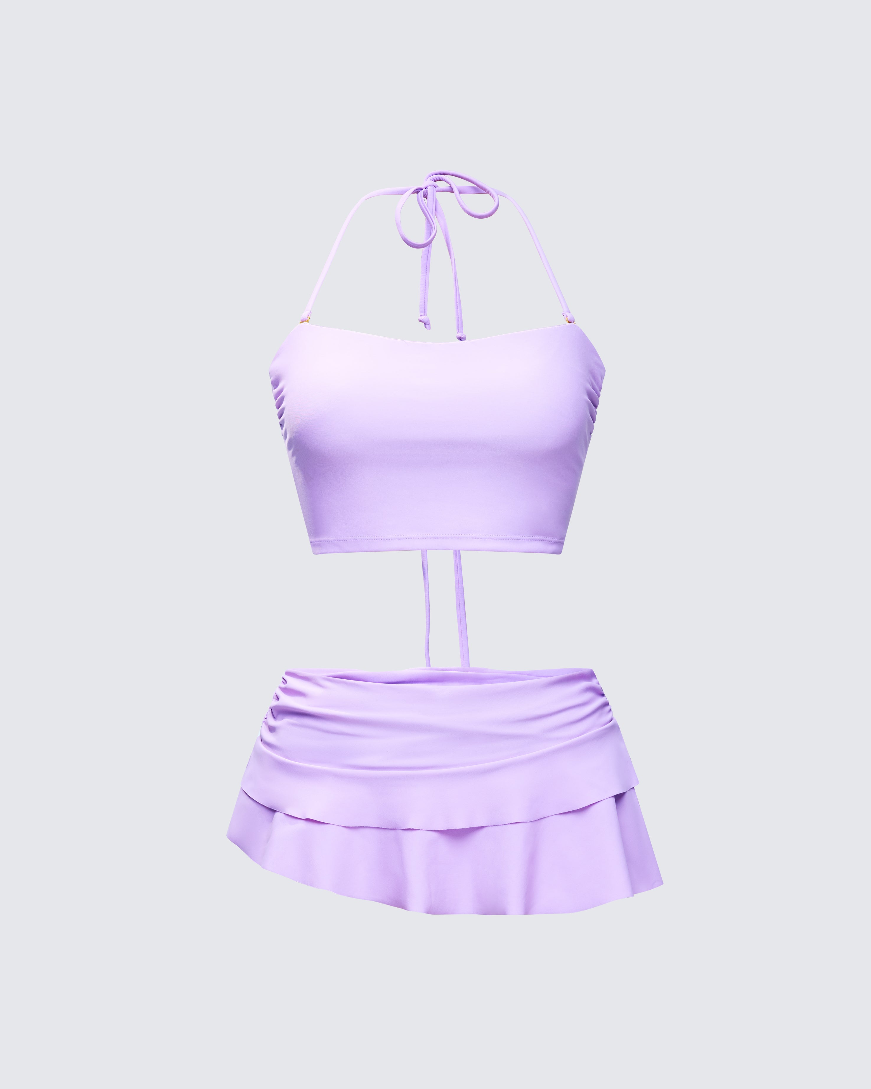 Purple Two-Piece Bikini Set - Halter Top + Ruffle Skirt – FINESSE