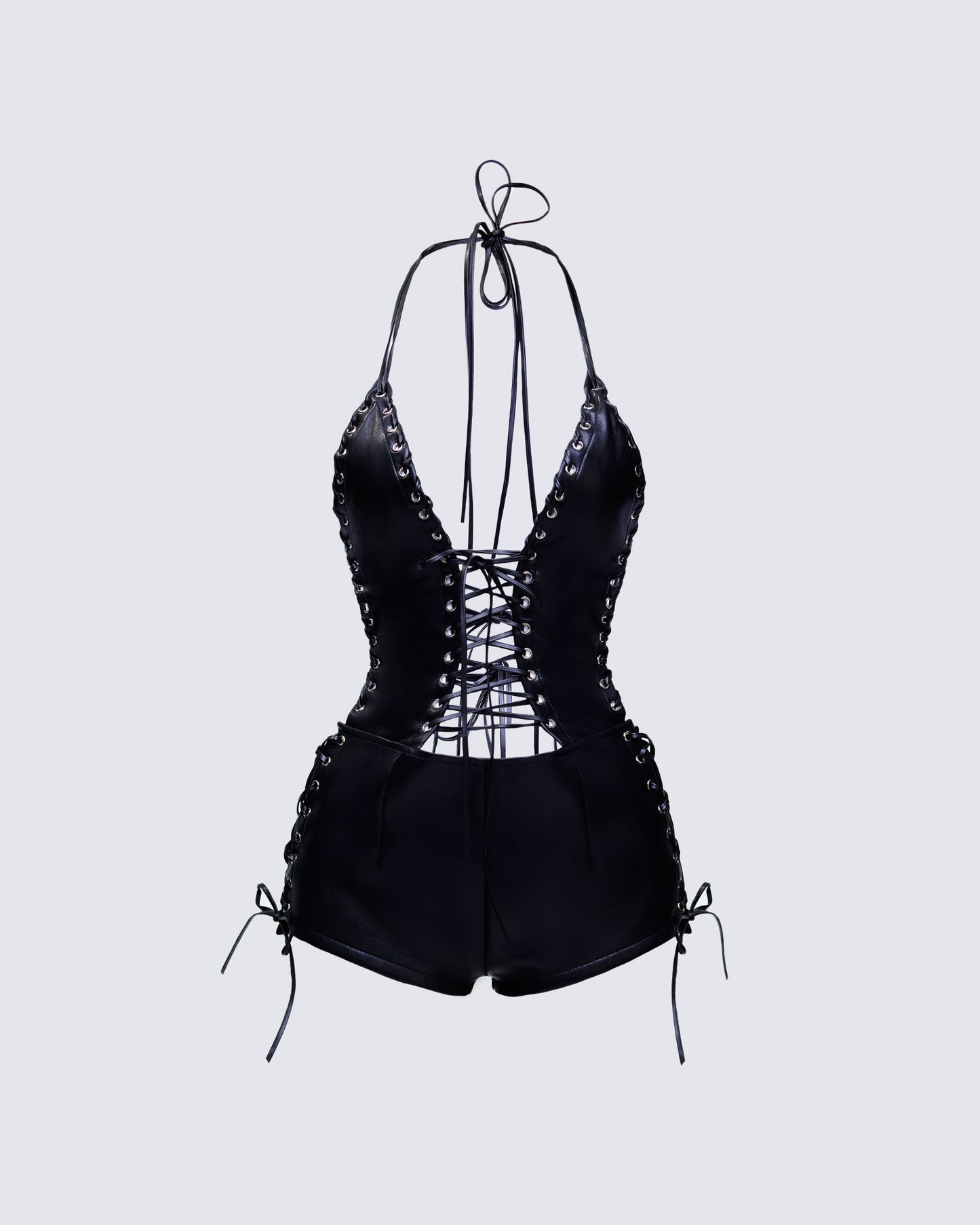 Solan Black Vegan Leather Lace Up Playsuit