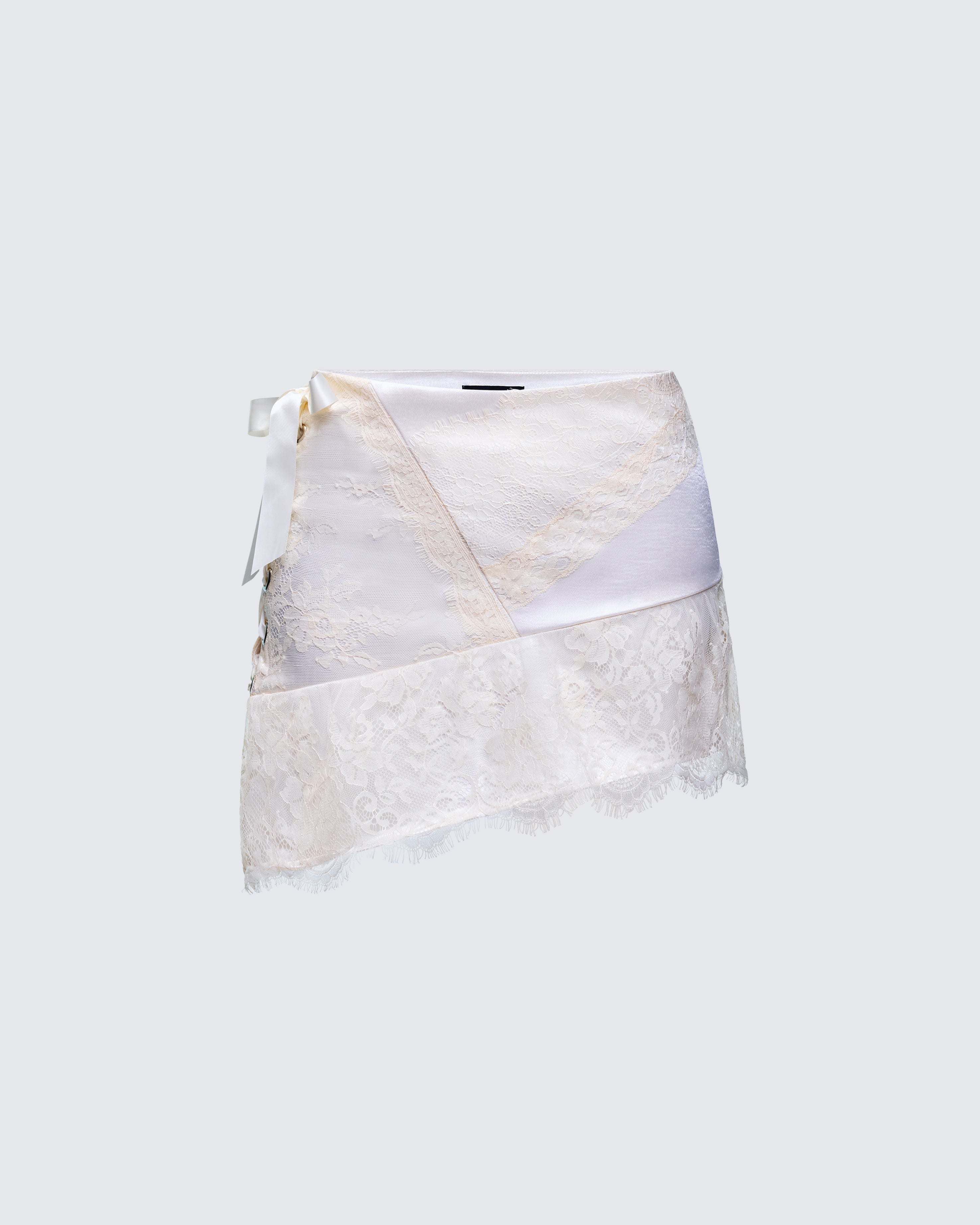 White Satin Lace Mini Skirt - Asymmetric Wrap Style – FINESSE