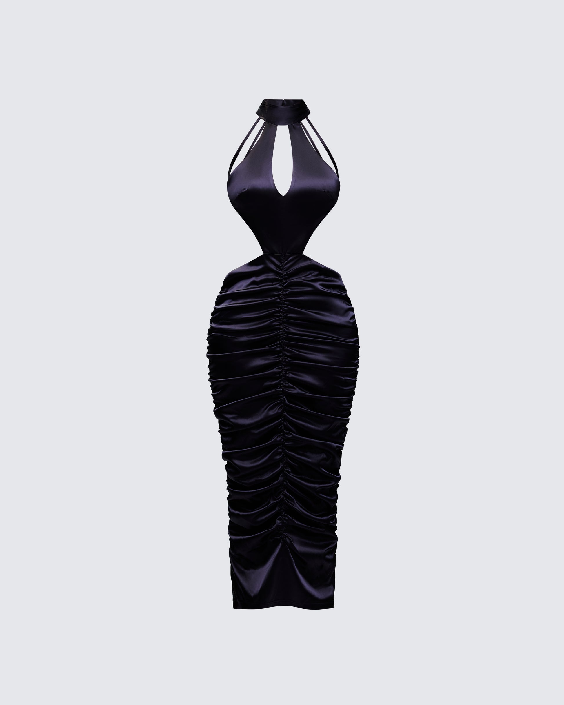 Black Halter Midi Dress - Ruched Satin Party Dress FINESSE Black Halter Midi Dress - Ruched Satin Party Dress FINESSE
