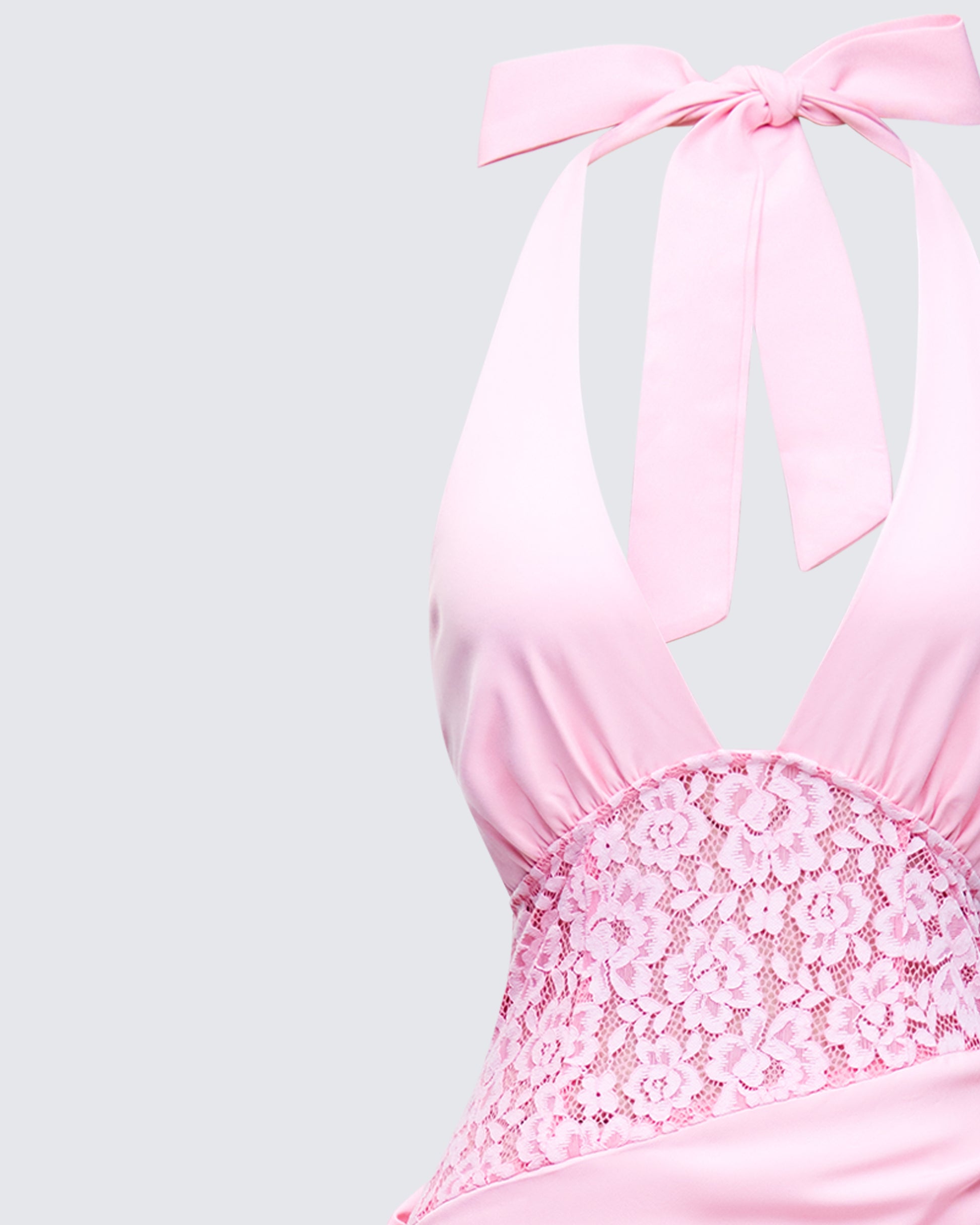 Pink Halter Maxi Dress - Lace Bodice Satin FINESSE Pink Halter Maxi Dress - Lace Bodice Satin FINESSE