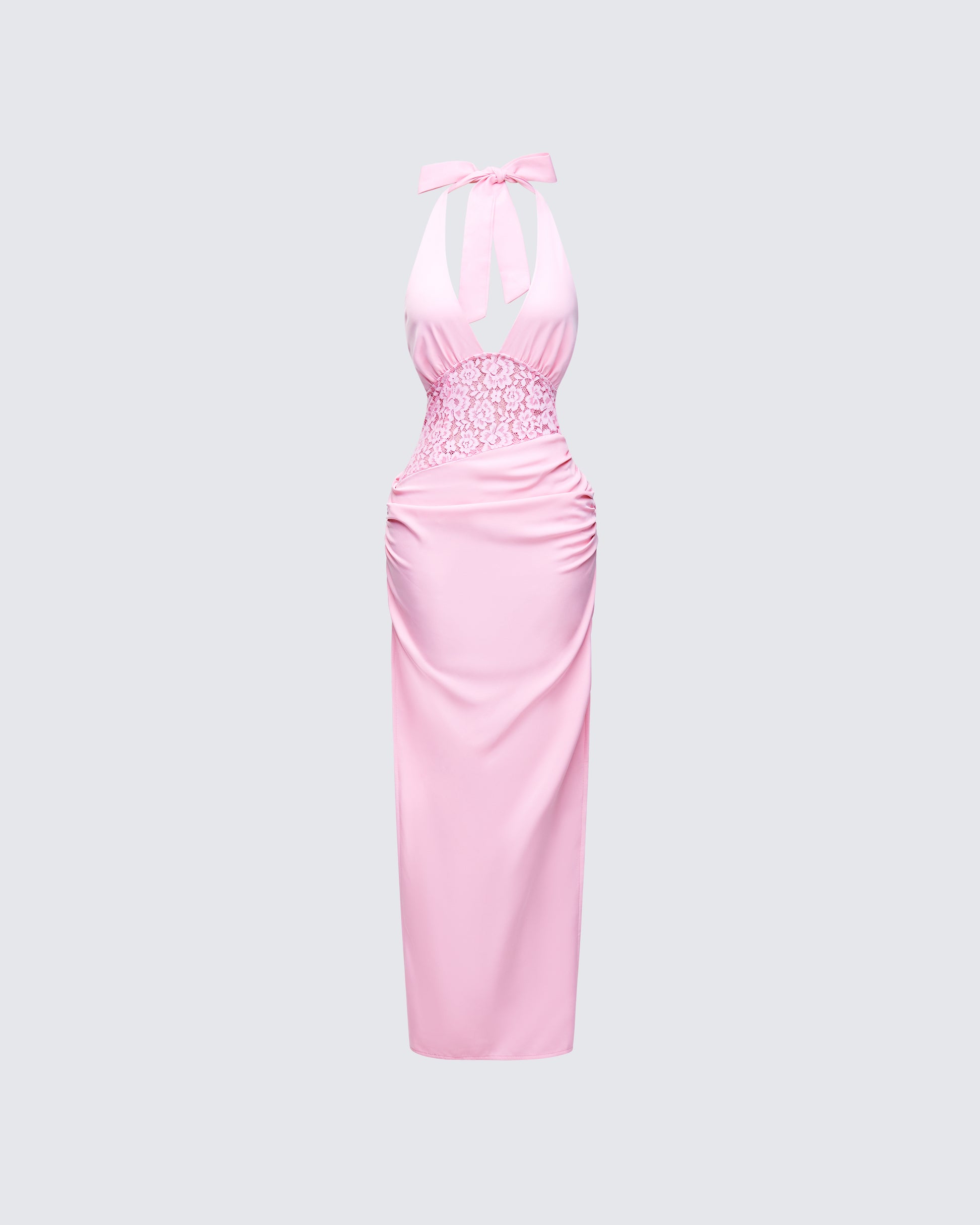 Pink Halter Maxi Dress - Lace Bodice Satin FINESSE Pink Halter Maxi Dress - Lace Bodice Satin FINESSE