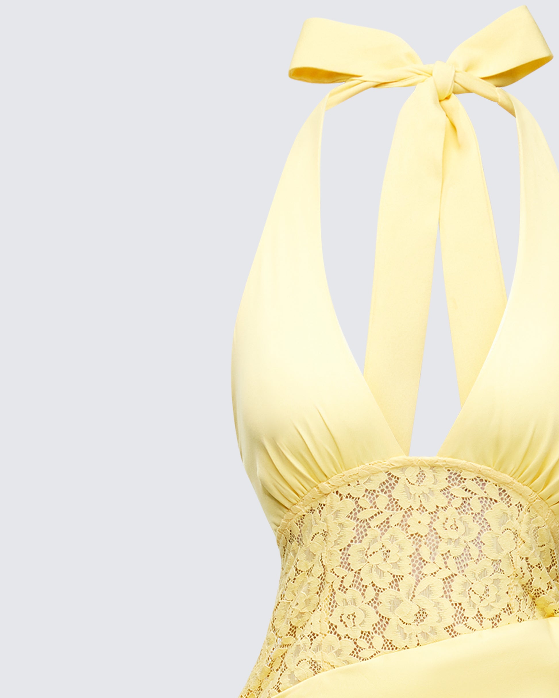 Yellow Halter Maxi Dress - Lace Waist Satin Formal FINESSE Yellow Halter Maxi Dress - Lace Waist Satin Formal FINESSE