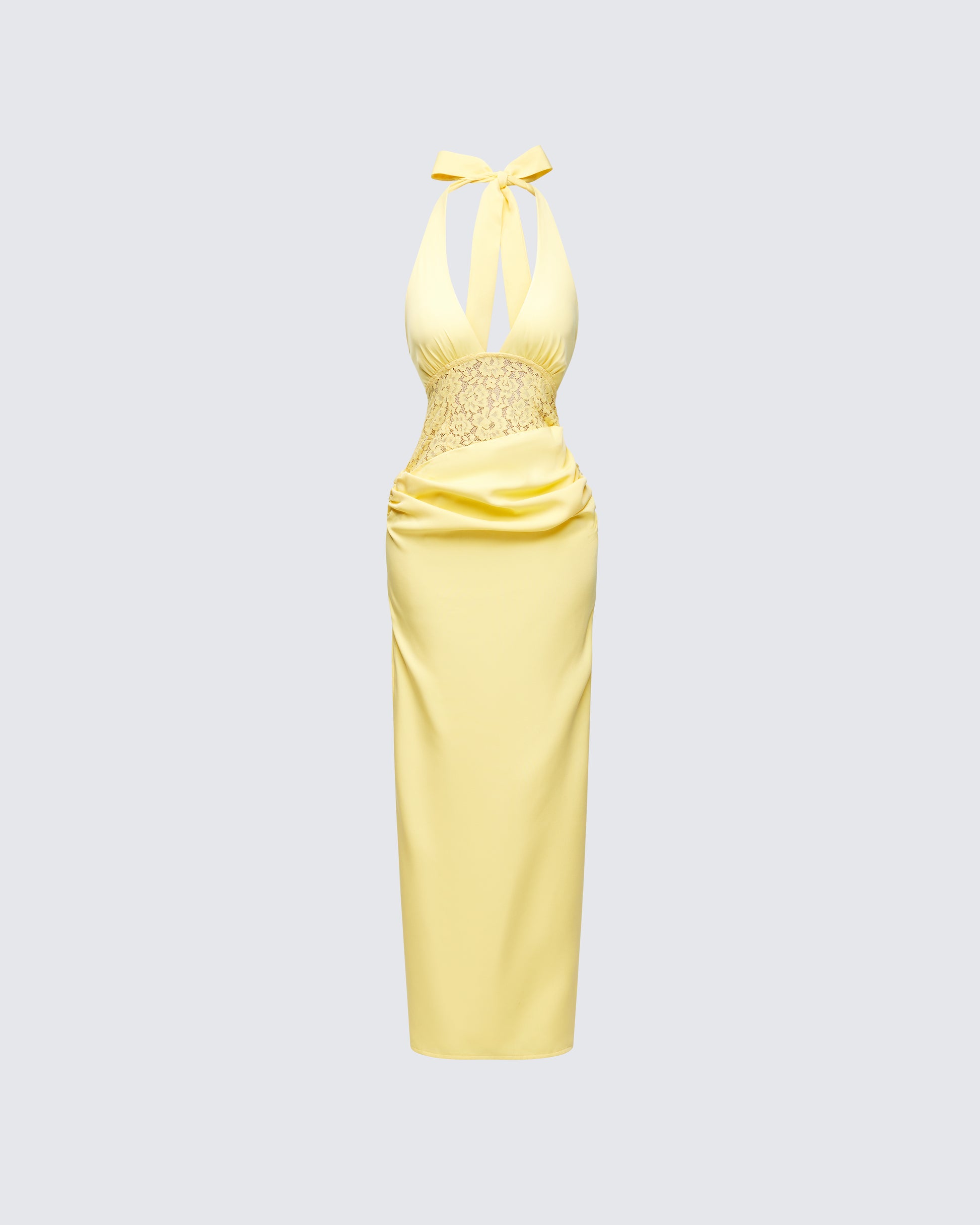 Yellow Halter Maxi Dress - Lace Waist Satin Formal FINESSE Yellow Halter Maxi Dress - Lace Waist Satin Formal FINESSE