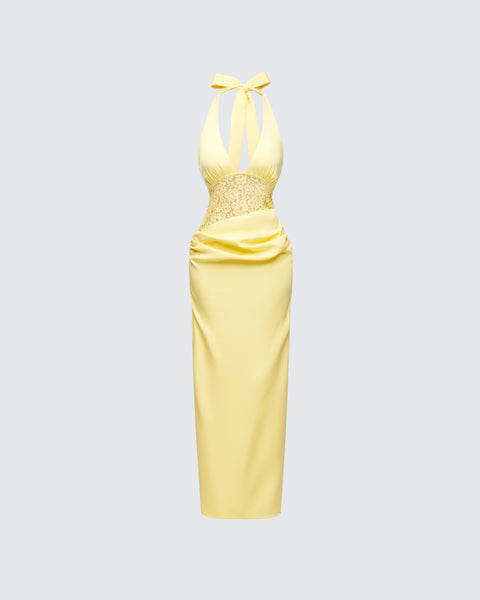 Yellow Halter Maxi Dress - Lace Waist Satin Formal XL