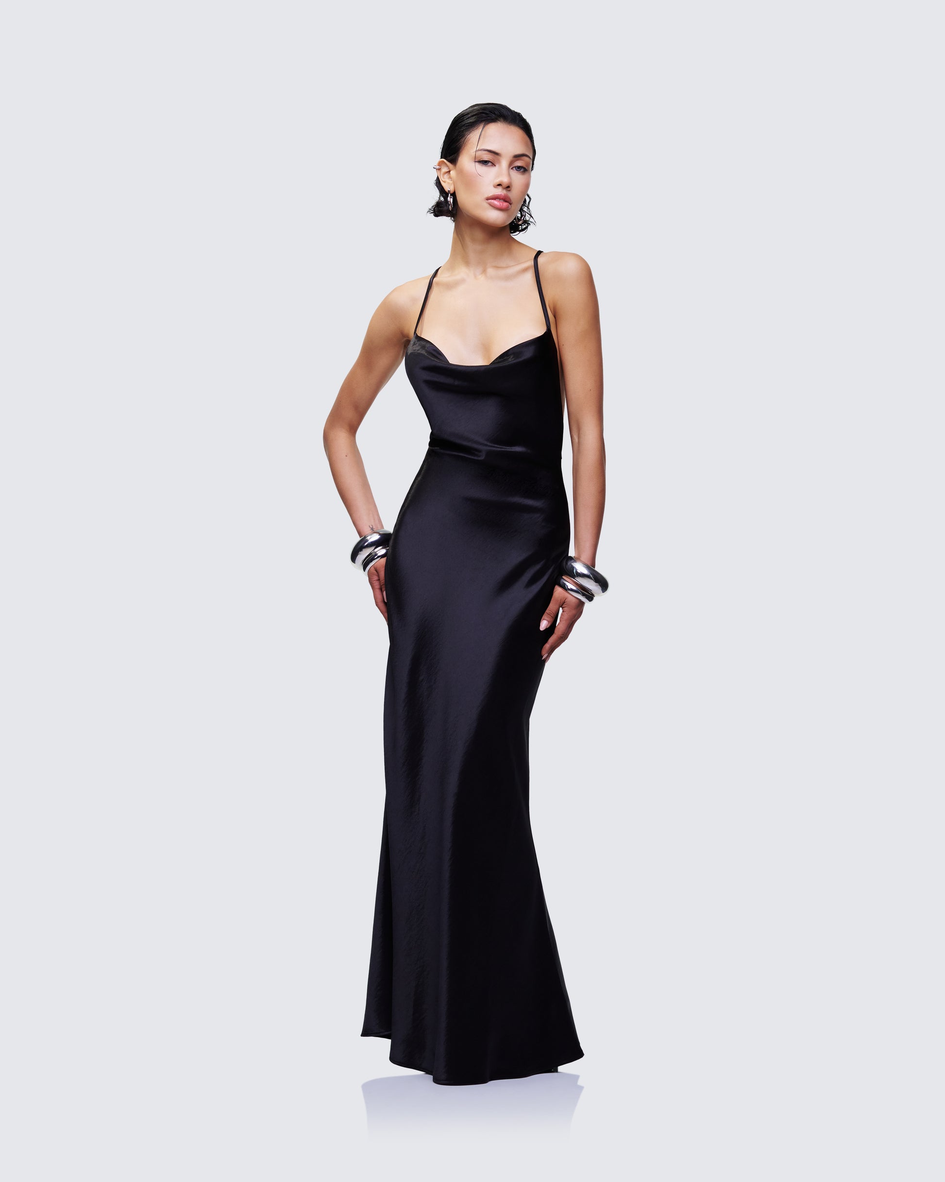Black Satin Slip Maxi Dress - Cowl Neck Strappy Back FINESSE Black Satin Slip Maxi Dress - Cowl Neck Strappy Back FINESSE
