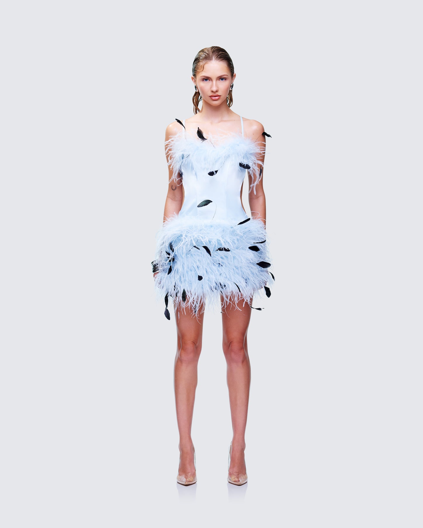 Meadow Blue Feather Backless Mini Dress model front