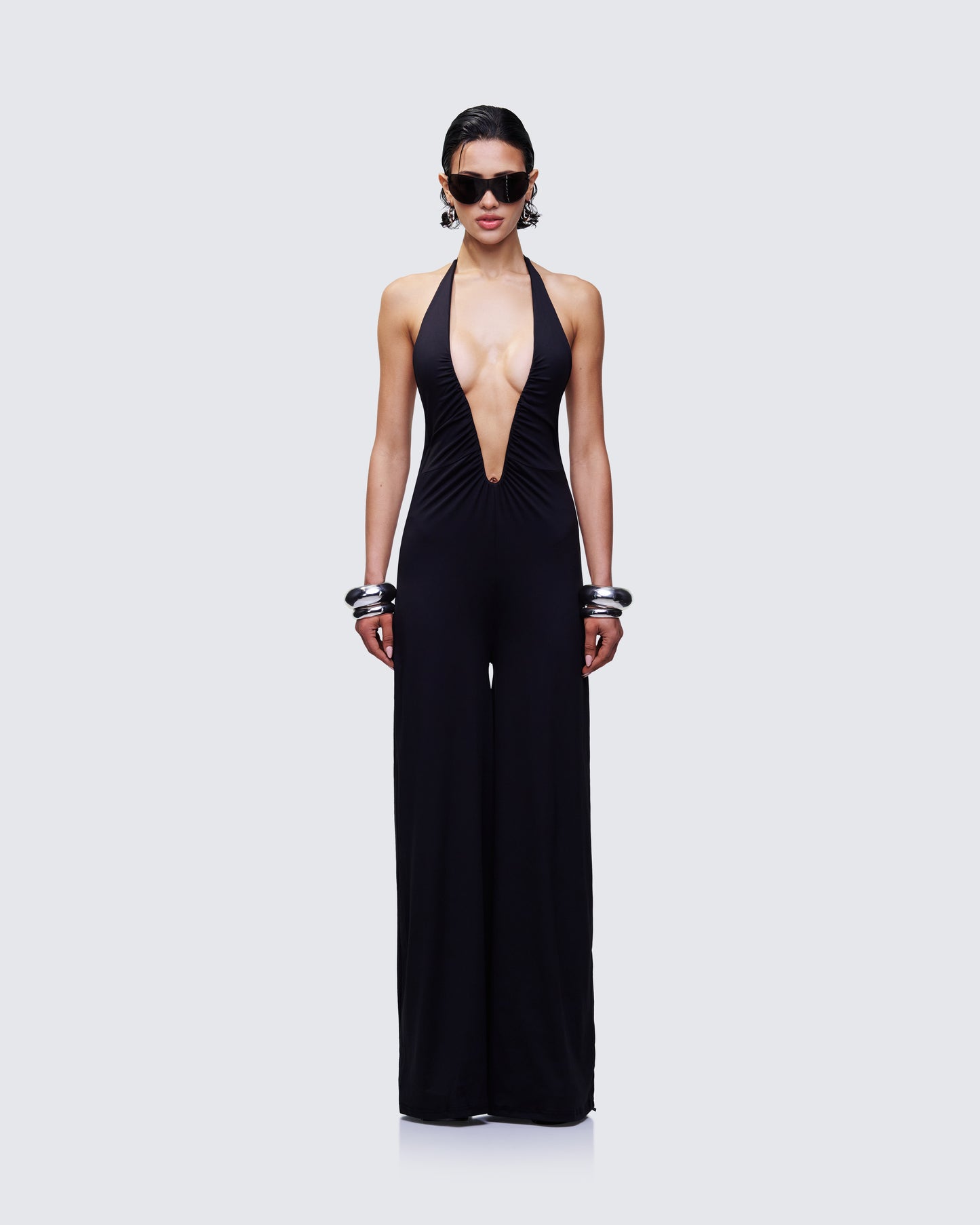 Saoirse Black Plunge Neck Jumpsuit model front