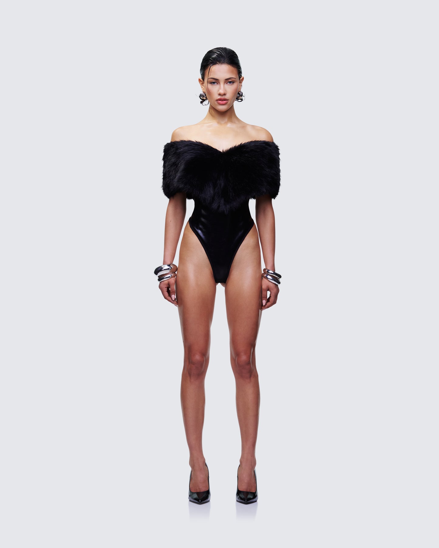 Nina Black Fur Trim Bodysuit model front